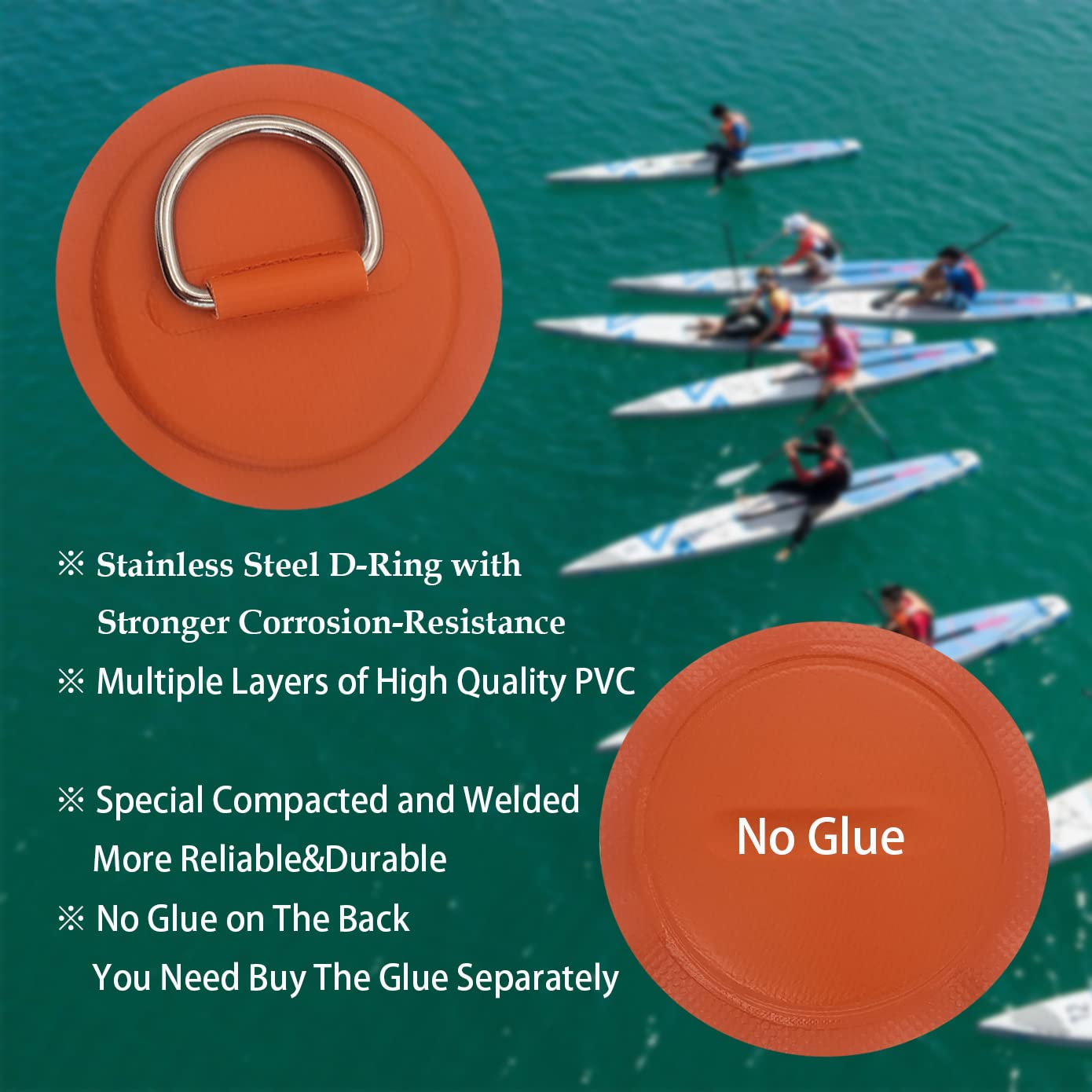 Golden Muhe 6 Pcs Stainless Steel D-Ring PVC Patch & Elastic Bungee Shock Cord for Sup Kayak Paddleboard Inflatable Boat (Orange)