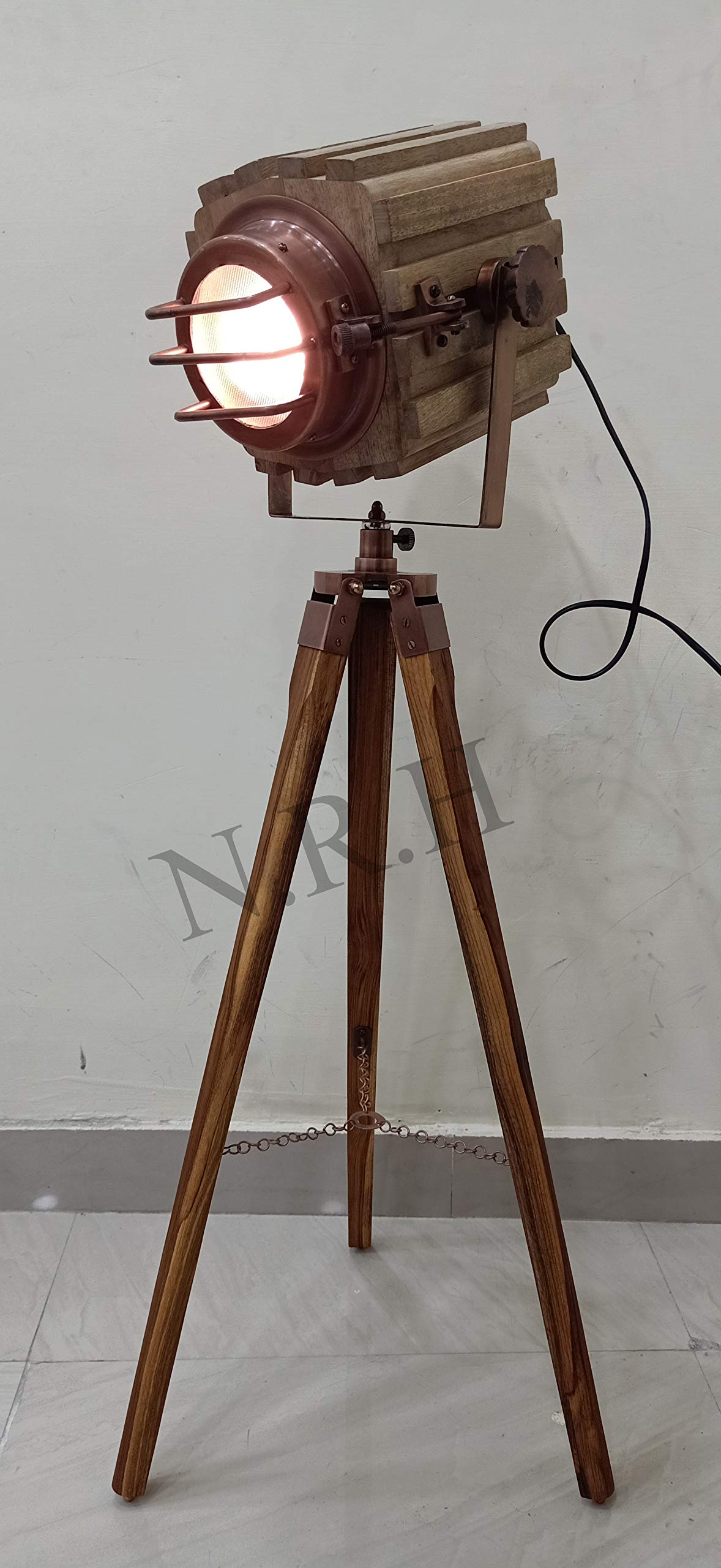 Nautical Replica Suchscheinwerfer Aus Holz – Mit Stativ, Verstellbar, 165,1 Cm Hoch, Chrom & Teak-Optik