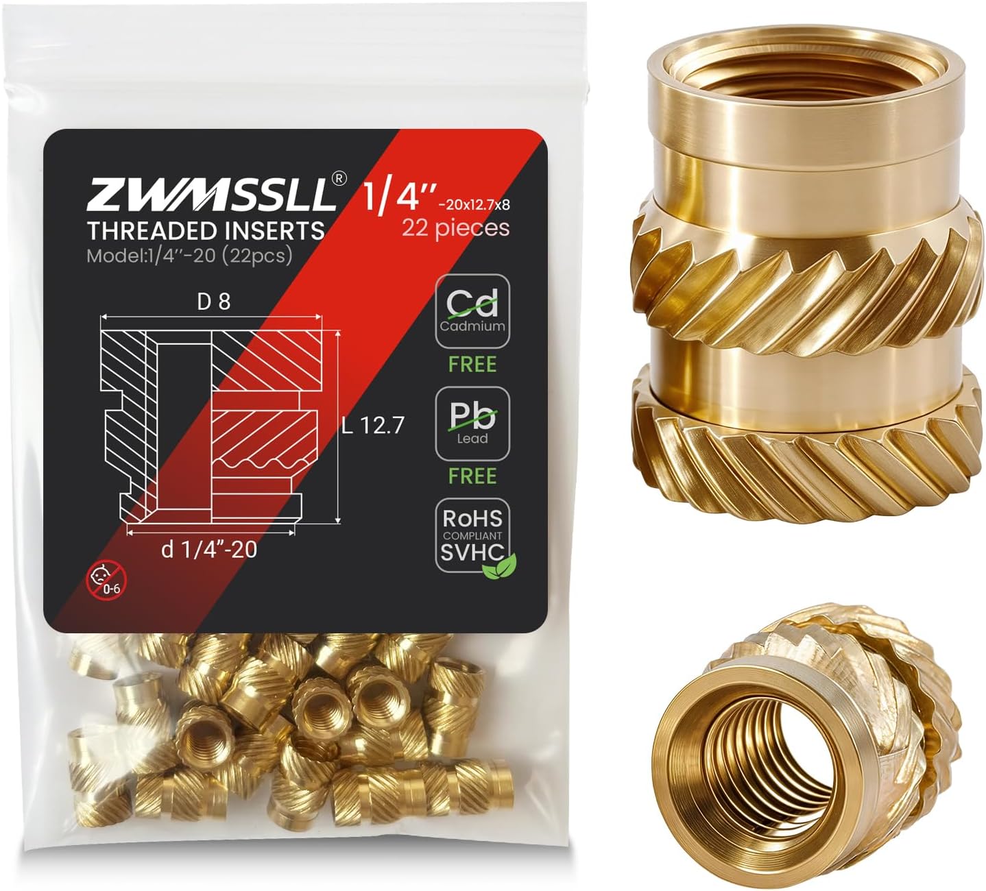1/4'' Threaded Inserts,1/4-20 Heat Set Insert,22 Pieces 1/4 20x12.7x8 Knurled Nuts,Brass Threaded Inserts for Plastic and 3D Printing Components