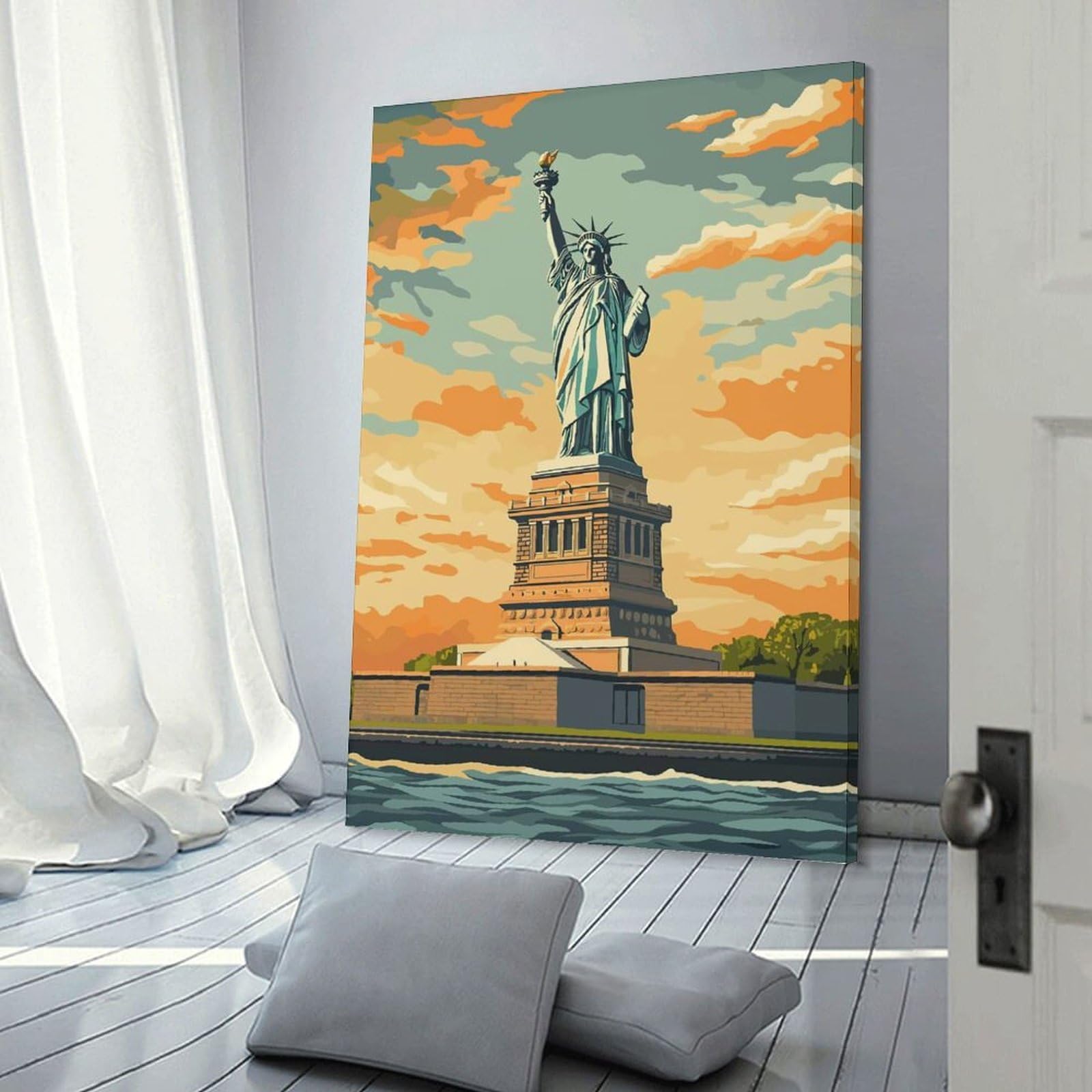 Junmoney Canvas Art Print Statue of Liberty Sunset, 20x30inch(50x75cm), for Office, Study Or Home Workspace, Home Office Artwork with Decorative Appeal