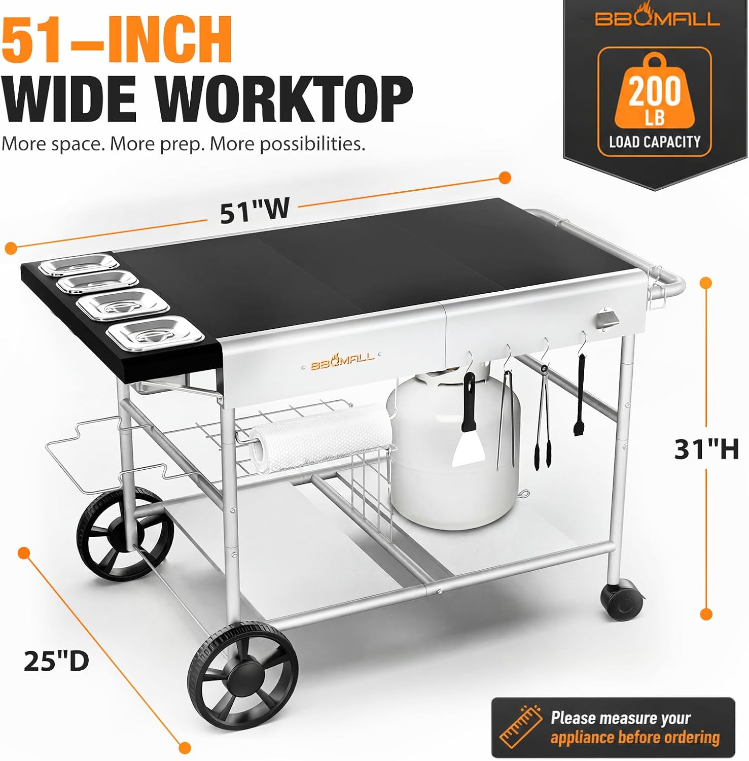 Pizza Oven Table Grill Cart for Ninja Woodfire, Blackstone Griddle, Ooni | 51'' Outdoor Pizza Oven Stand with Seasoning Tray for Outdoor Cooking, BBQ Prep Station, Easy Assembly 30048 thumbnail