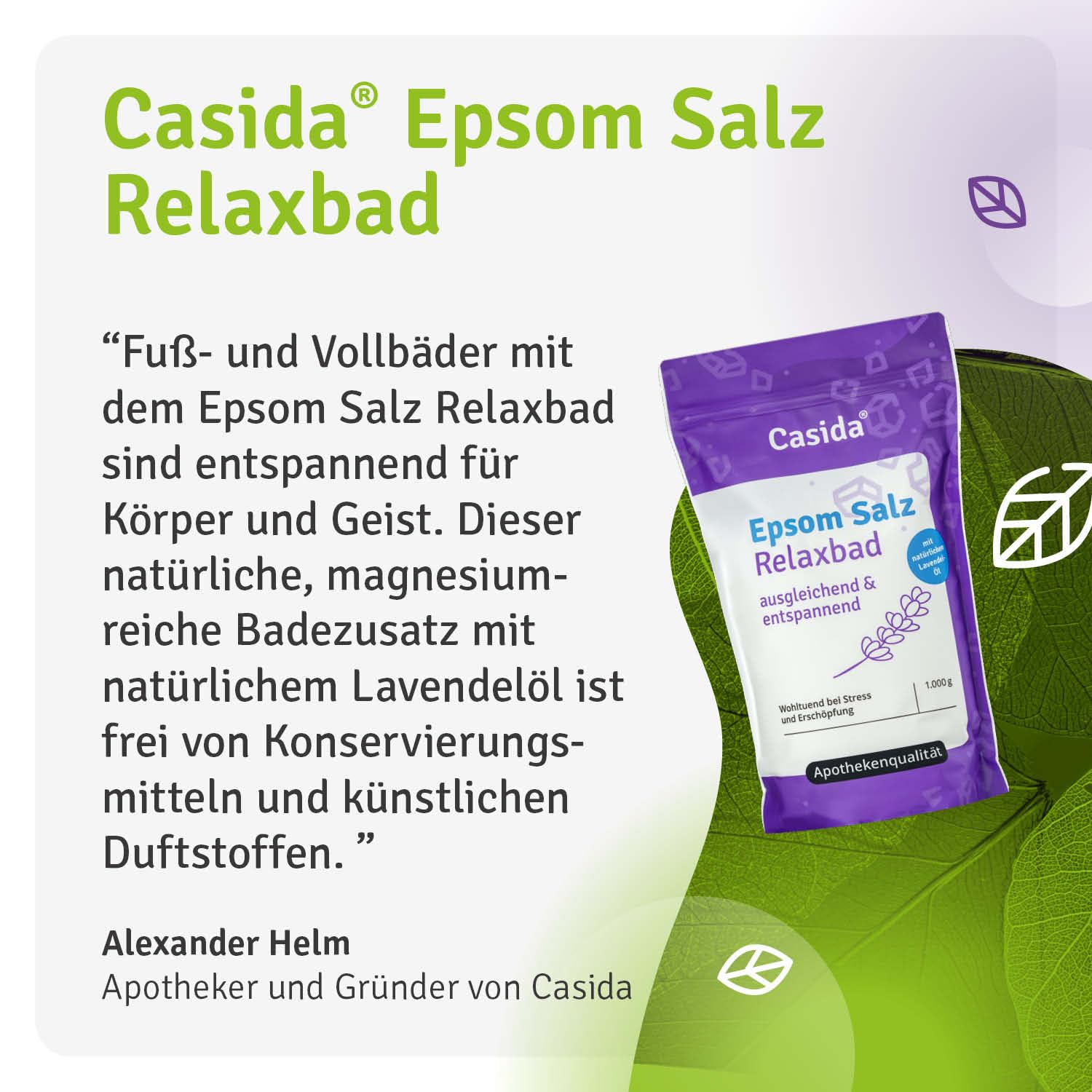 Casida® Kąpiel Relaksacyjna z Sólą Epsom i Lawendą - sól gorzka/Sól Epsom (siarczan magnezu) z naturalnym olejkiem lawendowym/lawendą - kąpiel odprężając - jakość apteczna - 1000 g