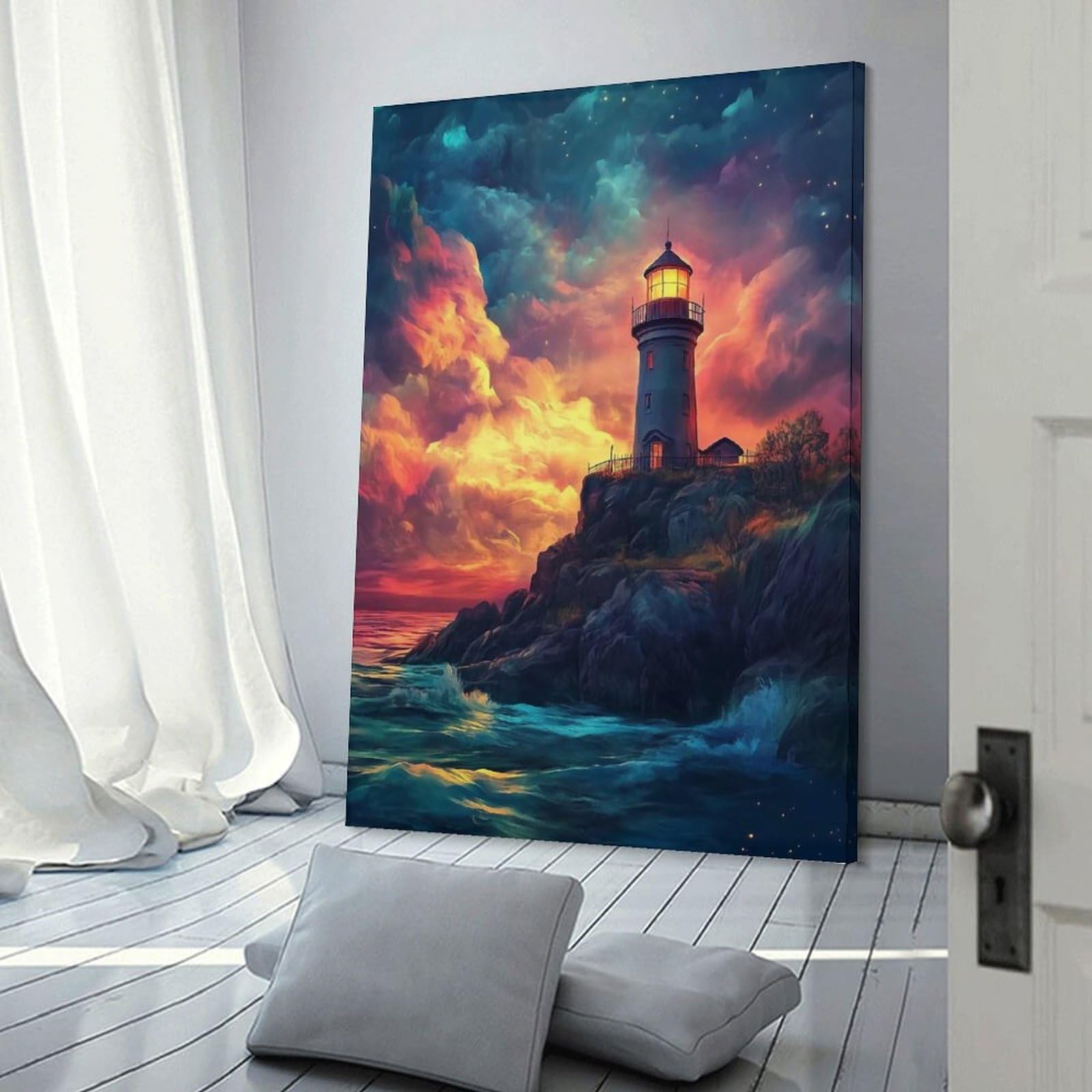 Junmoney Canvas Wall Decor Lighthouse at Sunset, 20x30inch(50x75cm), for Home Lounge, Bedroom Or Reading Nook, Eye Catching Artwork for Blank Walls