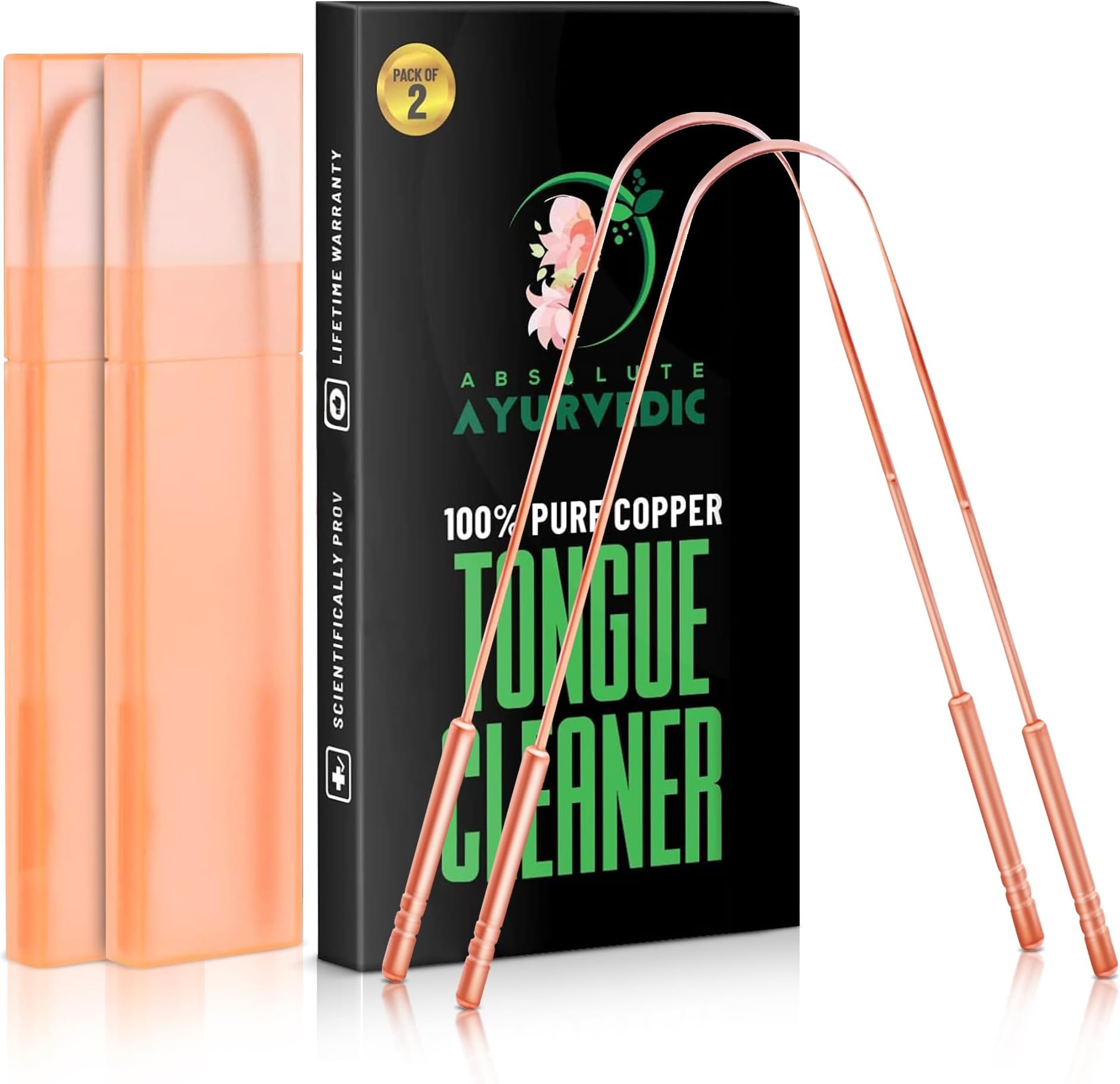 Absolute Ayurvedic Tongue Scraper For Adults Copper, Copper Tongue Cleaner For Oral Health and Fresh Breath, Tongue Scraper For Adults, Travel Tongue Scraper set of 2 with Travel Case.