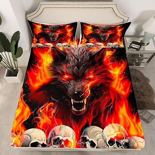 Manfei Sábana bajera ajustable de lobo de fuego, tamaño individual, funda de cama de calavera gótica de llama naranja con 1 funda de almohada, juego Manfei Sábana bajera ajustable de lobo de fuego, tamaño individual, funda de cama de calavera gótica de llama naranja con 1 funda de almohada, juego