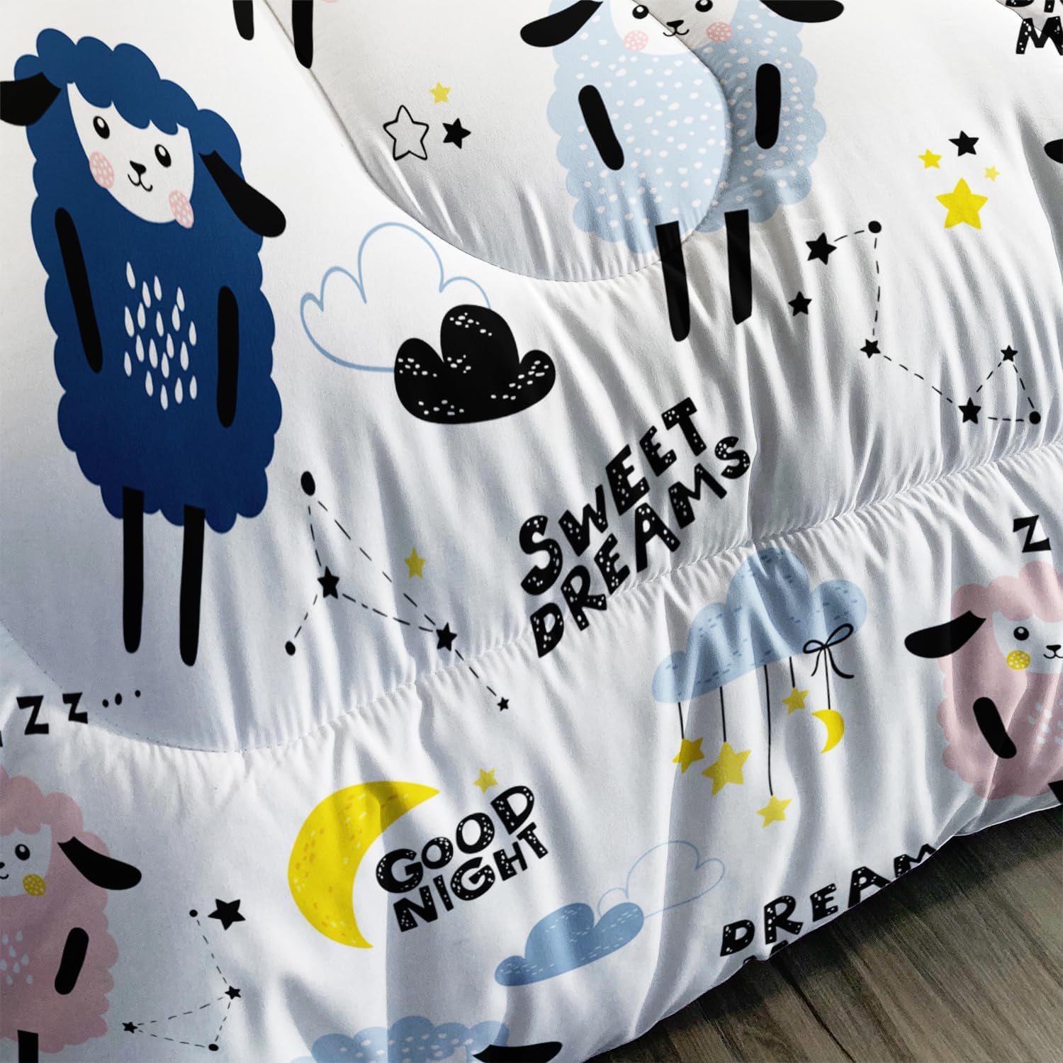 AILONEN Sheep Kids Comforter Set Twin Size, Cute Sleeping Sheep Moon Clouds Print Bedding Set,Creative Good Night Kids Kawaii Girls Bed in a Bag 3 Pieces, 1 Quilt and 2 Pillowcases