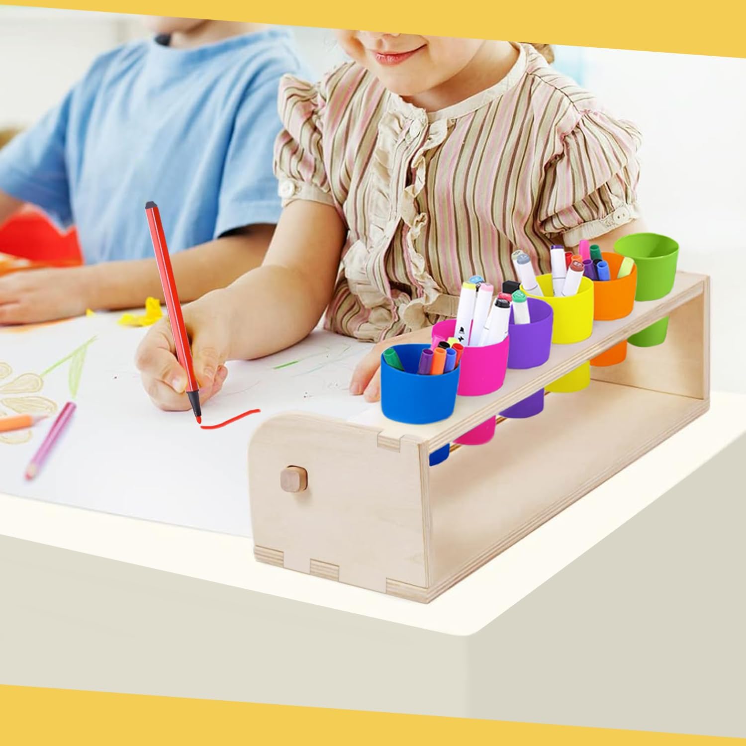 Wooden Art Easel Tabletop Paper Roll Dispenser with Six Pencil Holder Cups and Paper Rolls (17.3" x 82ft) Art Painting Easel Desktop Easel for Drawing Durable Paper Roll Holder for Kids