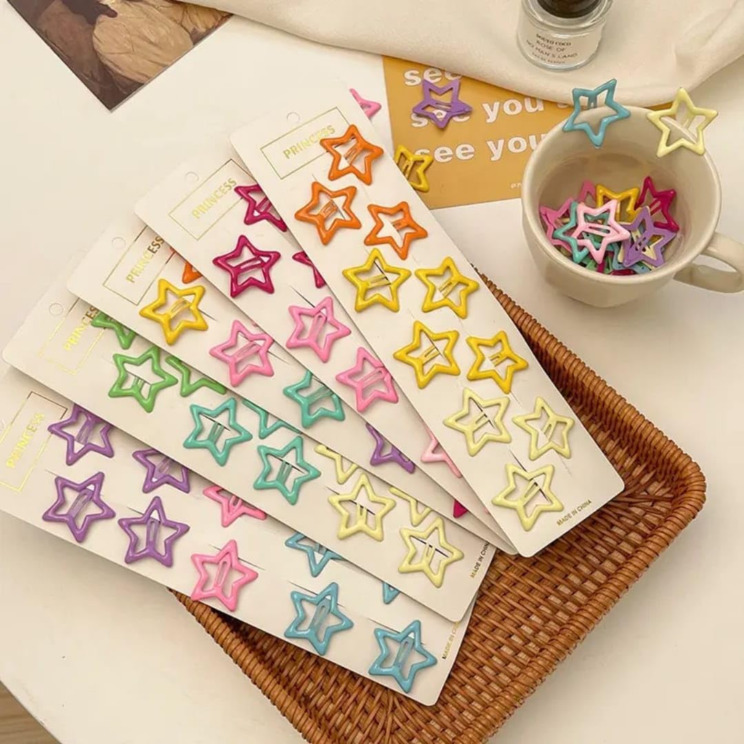 Multicolor Star Shape Snap Hair Clips for Girls and Kids Cute Plastic Tic Tac Hair Pins Strong Grip Lightweight Non Slip Hair Accessories for Daily Wear School Parties and Gifting (Pack of 10)-image-32