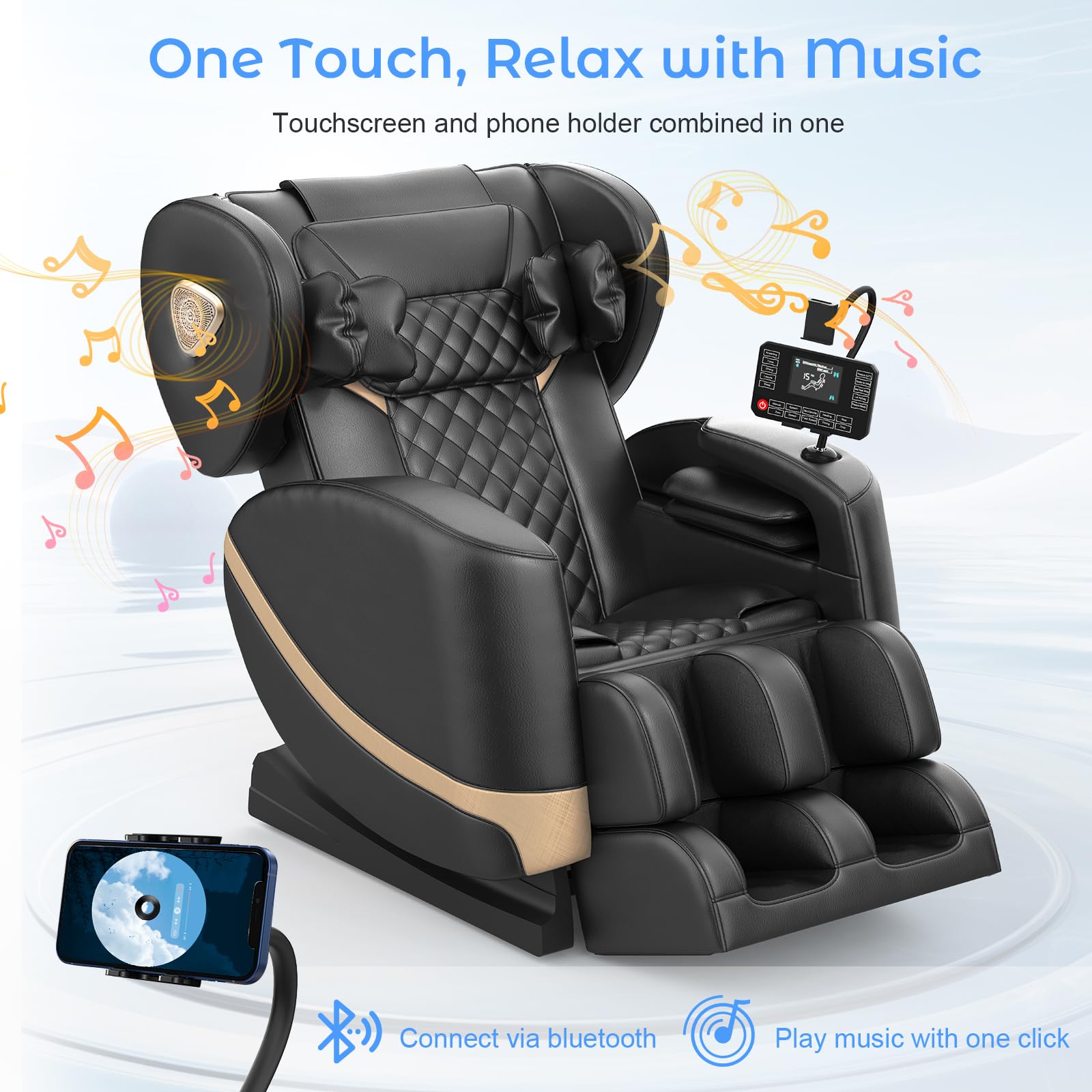 Poltrona Massaggiante per Tutto il Corpo con Rulli e Airbag, Funzione Zero Gravity, Altoparlanti Bluetooth e Touchscreen, Funzione Riscaldante per Vita e Gambe, con Massaggio Plantare (Nero)
