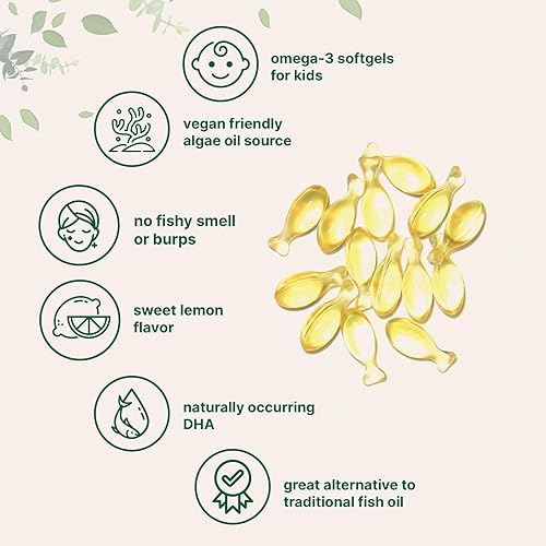 Miniatura 6 de Aceite de pescado Omega-3 para niños, 240 cápsulas blandas vegetarianas  Omega 3 vegano con 200 mg de DHA  Sabor a limón  Alternativa al aceite de