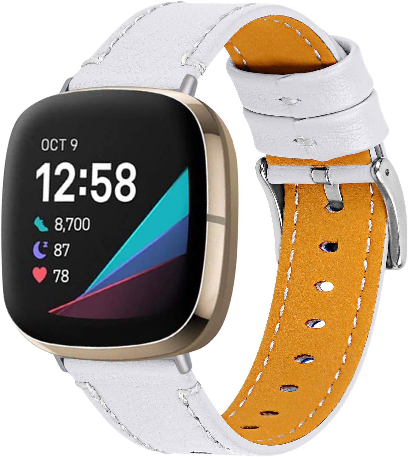 Leather Bands Compatible for Fitbit Versa 3/Fitbit Sense,Replacement Smartwatch Wristband for Women Men,Soft Leather Straps with Buckle Adjustable Wrist for 5.5-7.8 inch - White