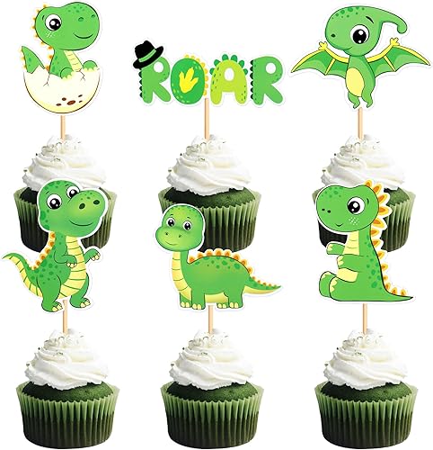 Ercadio Paquete de 24 adornos de dinosaurios para cupcakes de dinosaurio, color verde, lindos y pequeños, para cupcakes con diseño de dinosaurio,