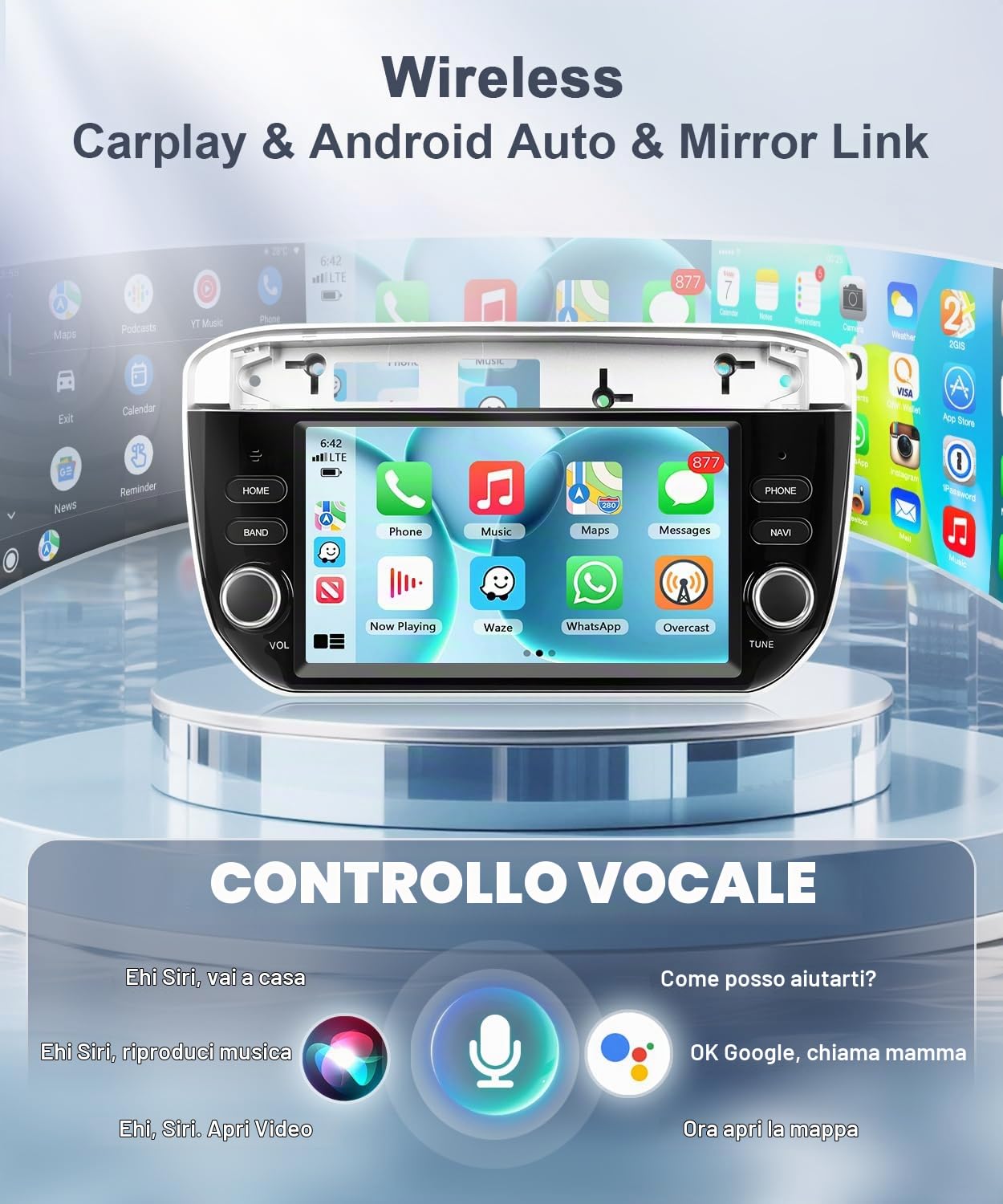 4GB+64GB Carplay Autoradio per Fiat Punto 2012-2016 - Wireless Android Auto Car Stereo Schermo con GPS Navigation WiFi Bluetooth RDS/FM Radio SWC USB Mirror Link Canbus & Telecamera