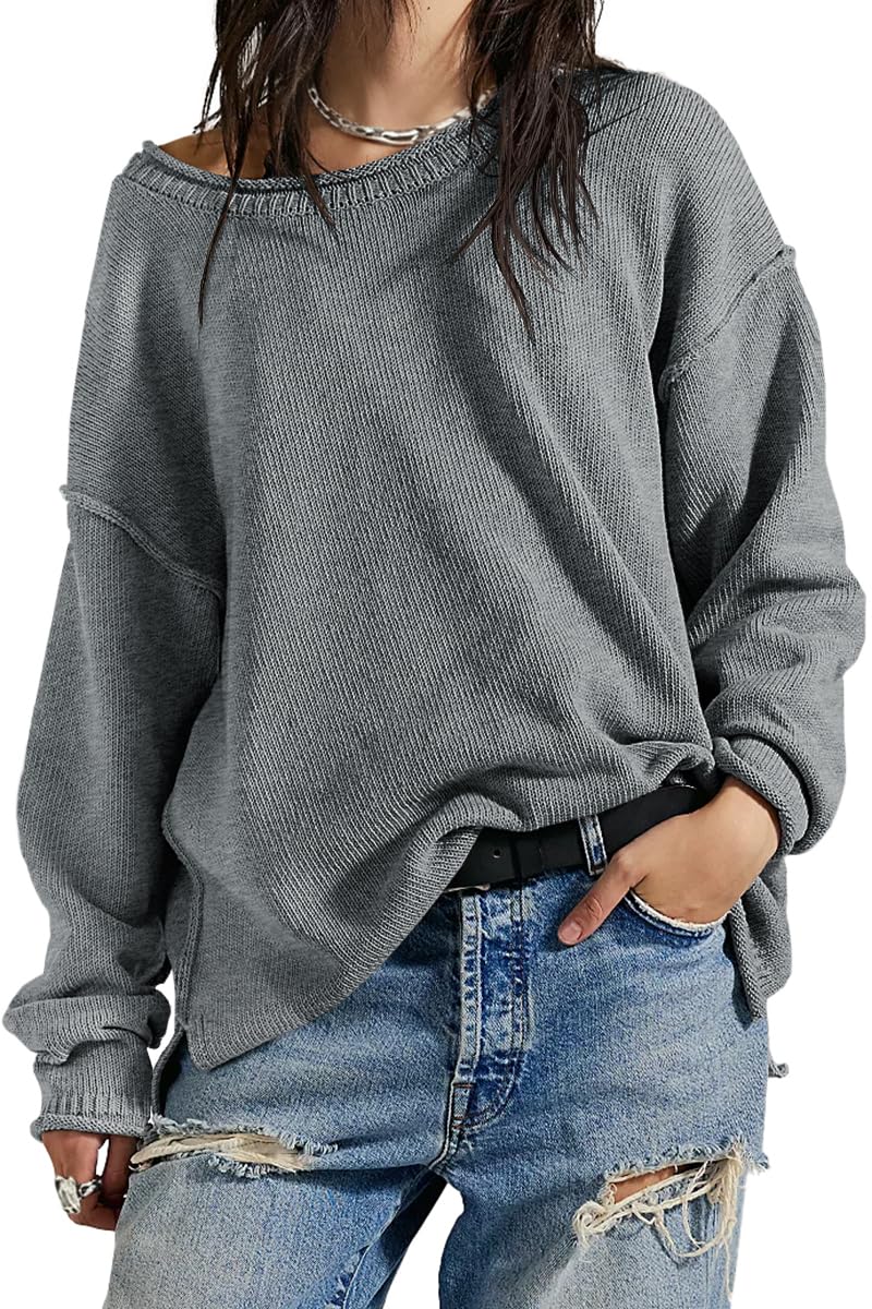 UNCLECAT Womens Oversized Sweater 2025 Fall Trendy Side Slit Crew Neck Long Sleeve Casual Tunic Sweaters