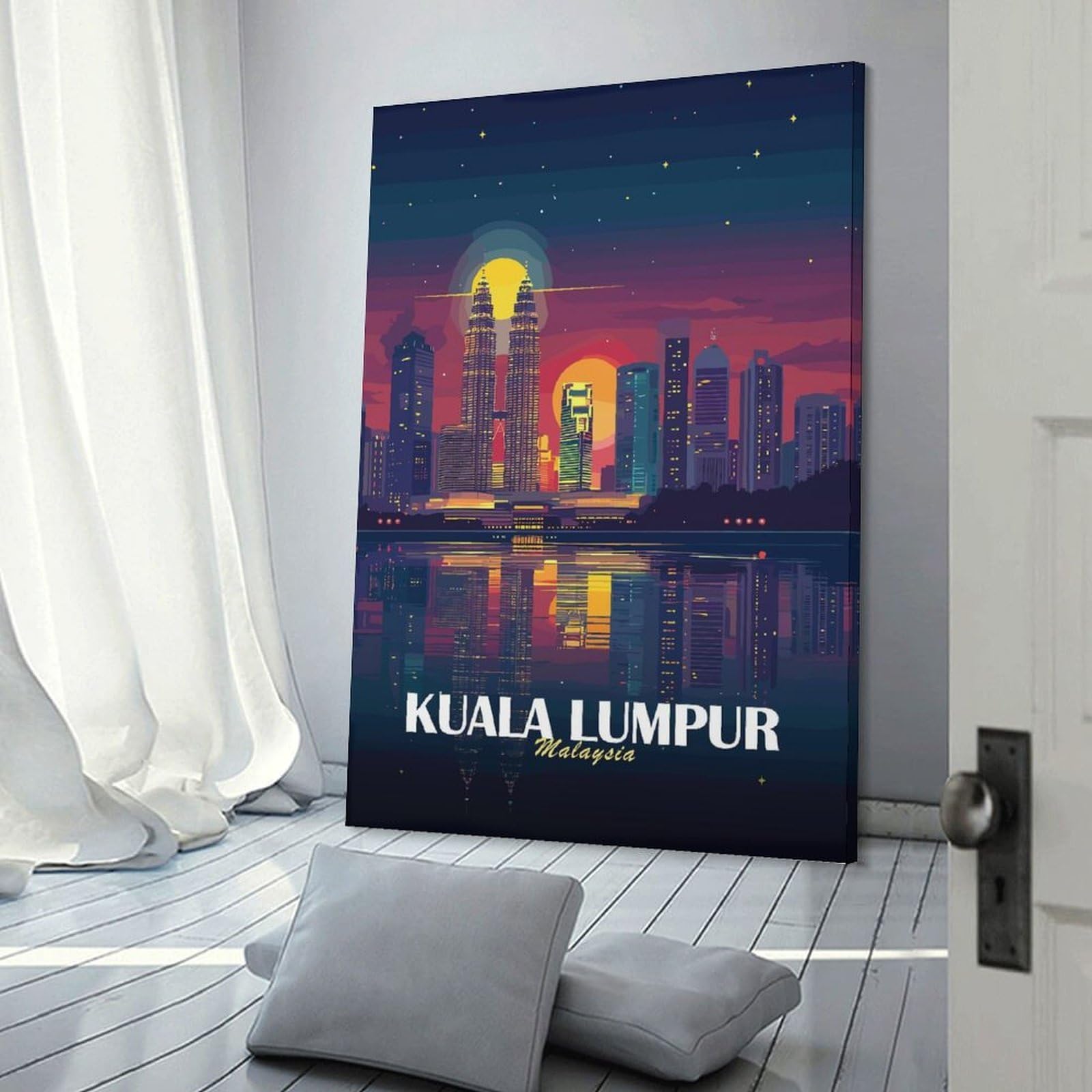 Junmoney Canvas Art Print Kuala Lumpur Skyline at Night, 08x12inch(20x30cm), for Feature Walls in Flats Or Modern Rooms, Wall Decor Suited to Curated Displays