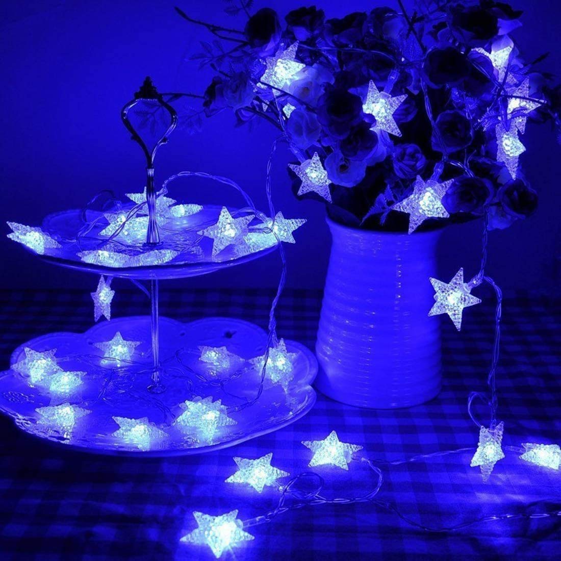 Guirnalda de luces de estrella, 5 m, 50 LED, para interiores, guirnalda de luces parpadeantes con batería (azul)