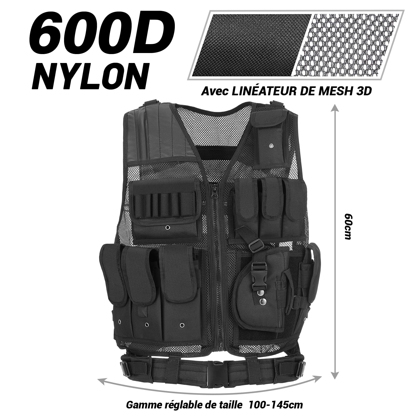 Lot de 2 gilets tactiques pour homme avec poches, ceinture ventrale réglable | Gilet tactique respirant et résistant pour l'extérieur, la pêche, le camping (noir)