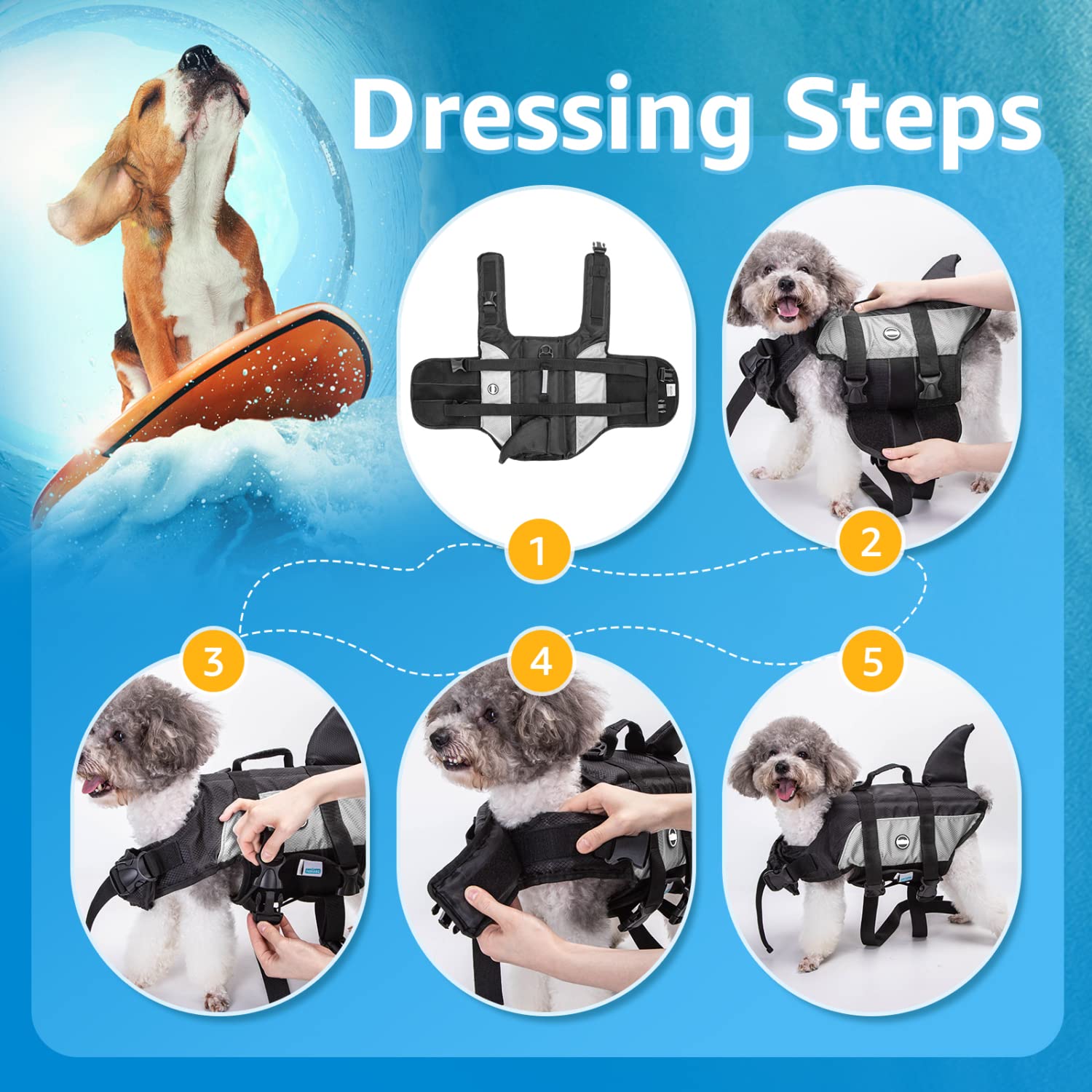 Nobleza - Chaleco Salvavidas para Perros con Aleta De TiburóN, Flotador Perro con Tiras Reflectantes, Chaleco de Natación para Perro con Asa y Alta Flotabilidad para Nadar, Surf, Navegar, Gris(L)