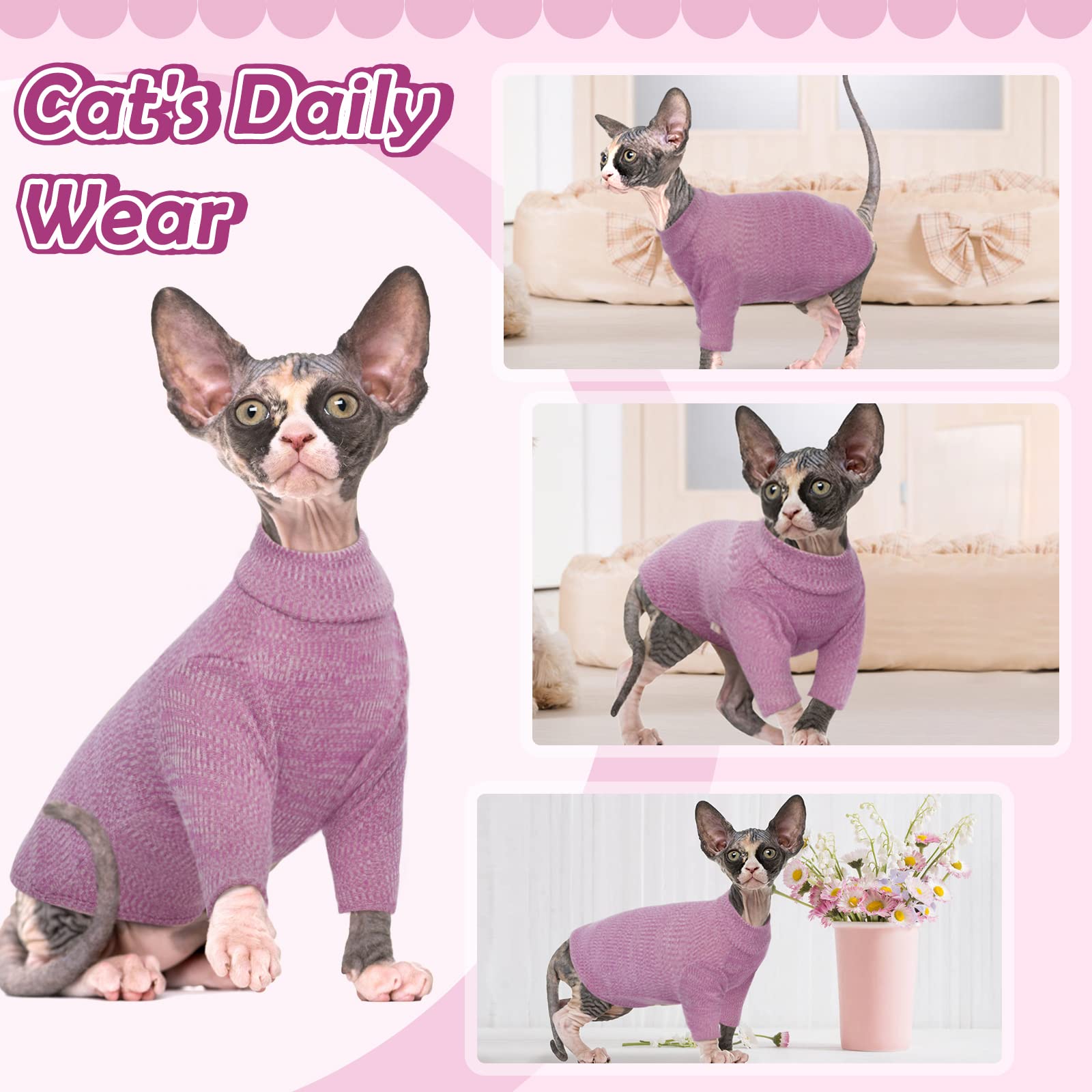 DENTRUN Sphynx Cat Clothes Hairless Cat Outfit Kitten Jumper Breathable Cat Onesie Turtleneck Sweater Adorable Cat Clothing Vest Pajamas Jumpsuit - Image 4