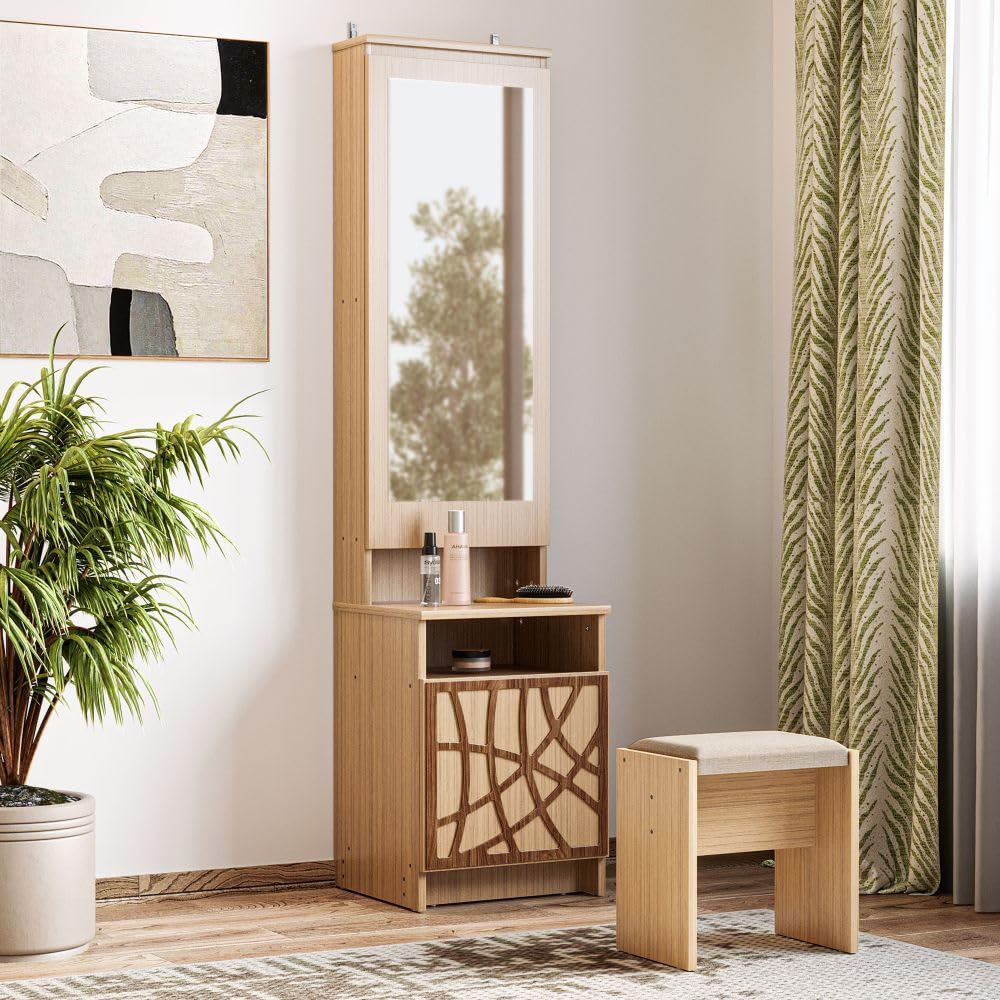 Wakefit Dressing Table With Mirror & Storage | 1 Year Warranty | Mirrored Dressing Table With Stool (Engineered Wood - Columbian Walnut, Azha)