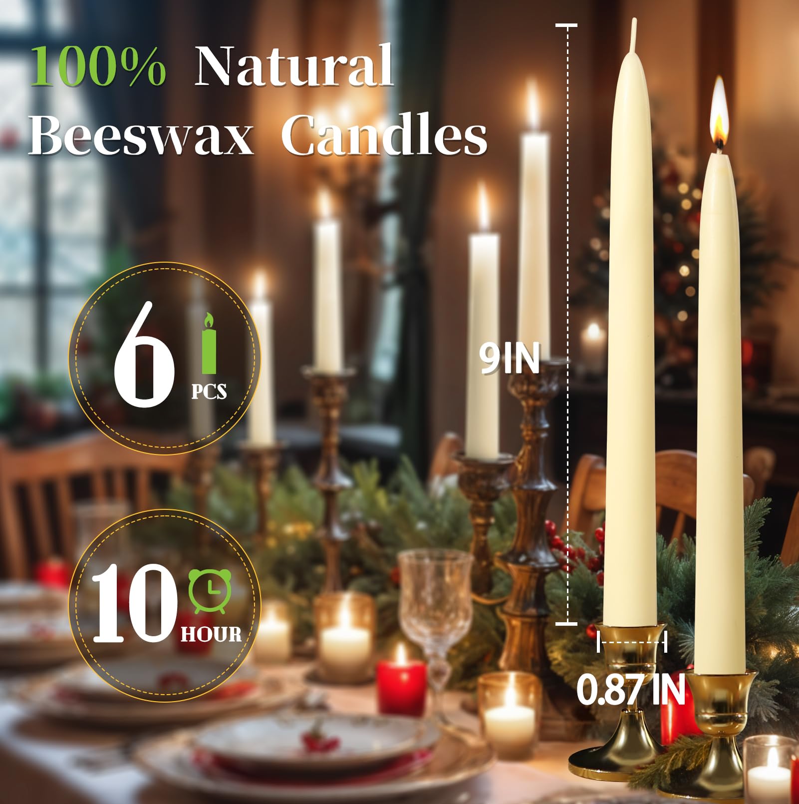 9 in Beeswax Taper Candles,6 Pack Dripless Pure White Beeswax Candle Sticks,10 Hours Long Burning Natural Bees Wax Candles for Home,Unscented Smokeless Tapered Candlesticks for Dinner