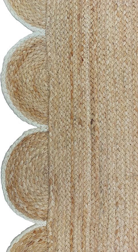 knight fury Scalloped Natural Jute Area Rug, Hand Woven Classic Rug Kitchen Rugs, Rugs for Living & Bedroom (White, 2x3 feet)