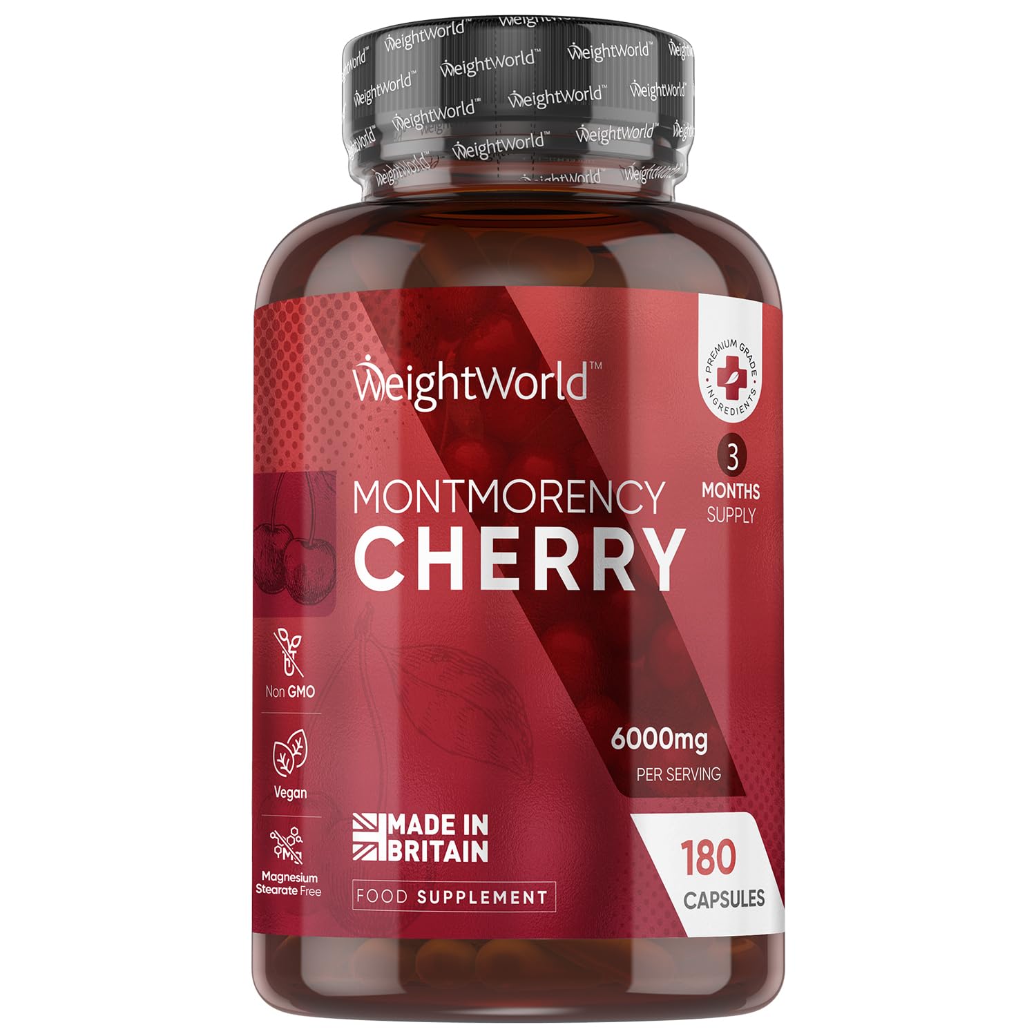 Montmorency Cherry Capsules 6000mg - 180 Tart Cherry Capsules - 3 Months Supply - Vegan-Friendly - Non-GMO & Magnesium Stearate-Free - 2 a Day - For Men & Women