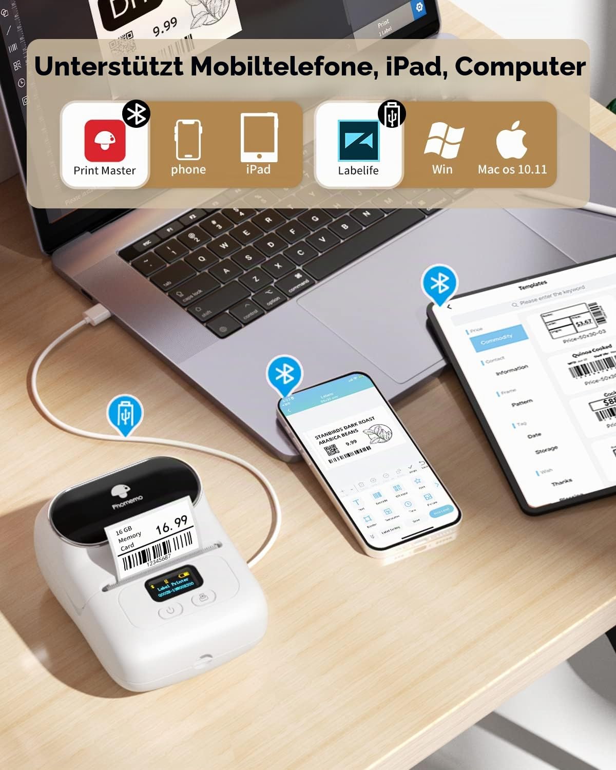 Phomemo M110 Etikettendrucker, Thermo Label Printer für Smartphone und Windows/Mac, tragbarer 2-Zoll-Etikettendrucker Selbstklebend für Küche, Büro, Einzelhandel, Adressen, Barcodes