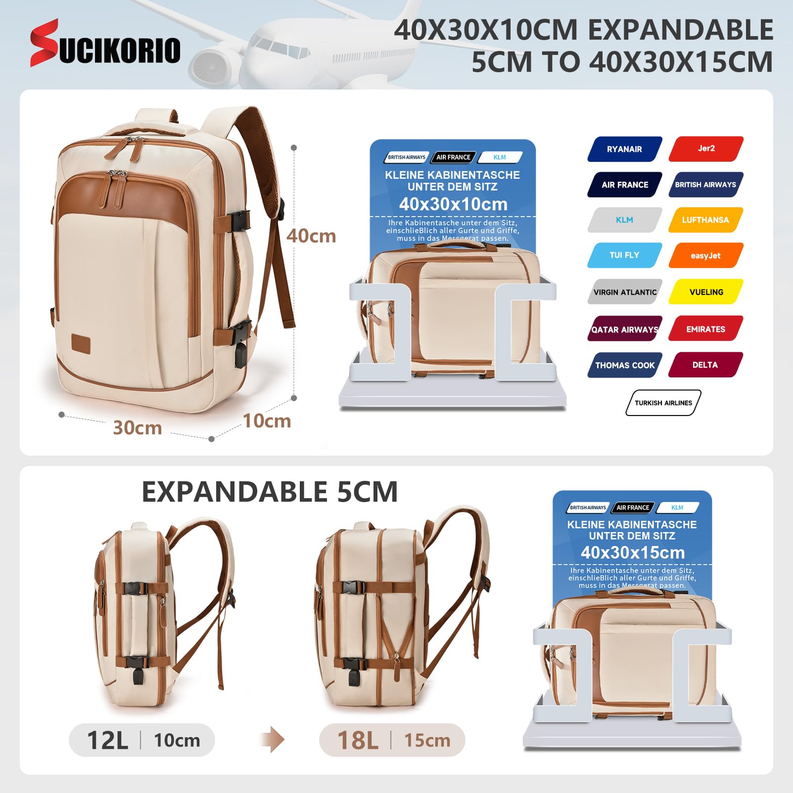40x30x10cm Lufthansa KLM Expansible 5cm 40x30x15cm British Airways Air France Mochila Viaje Cabina Avion, Impermeable Mochilas Equipaje de Mano Mochila Ordenador Portatil 15,6 Pulgadas