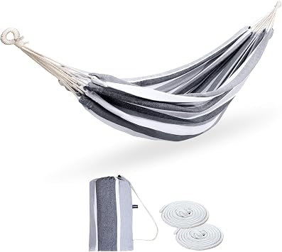 Double Hammock Brazilian Hammocks with Portable Carrying Bag,Soft Woven Fabric, Up to 450 Lbs Hanging for Patio,Trees,Garden,Backyard,Porch,Outdoor and Indoor -Large Grey&White Stripe