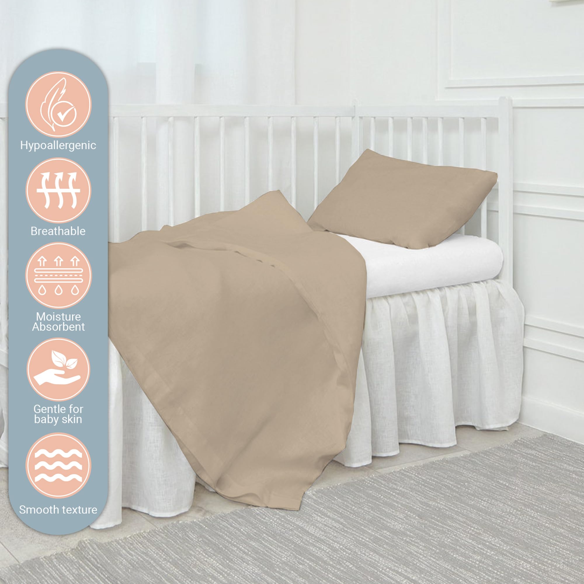 Pizuna Baby Duvet Cover For Crib 100 x 135 cm, Simply Taupe, 400 Thread Count 100% Long Staple Cotton Bedding Set - Image 2