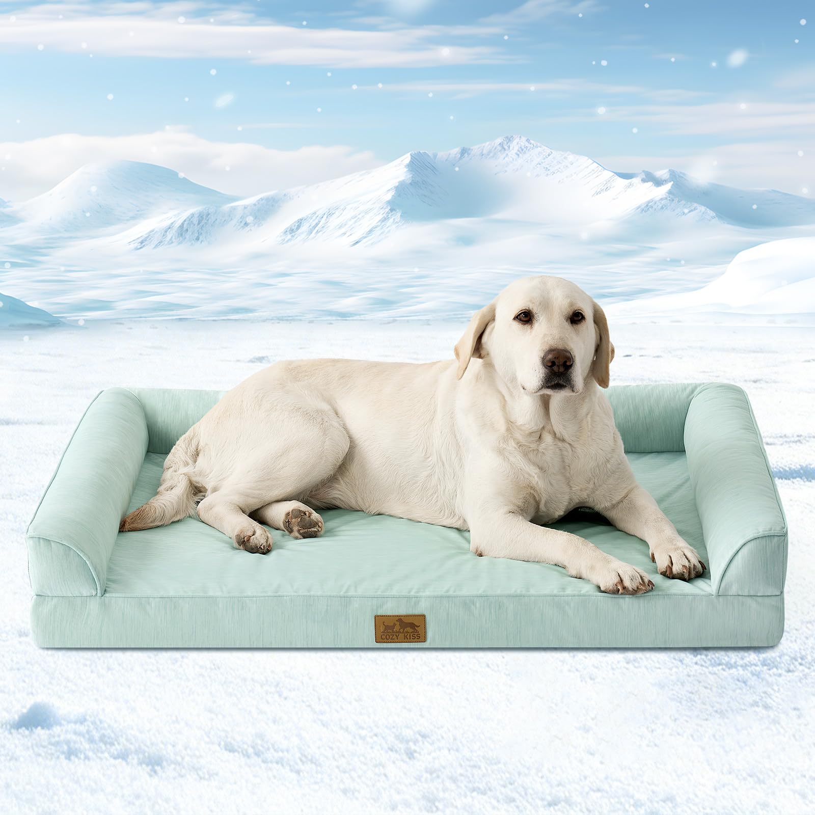 COZY KISS Letto Refrigerante Ortopedico per Cani di Taglia XL 107x76x18 cm - Divano Ergonomico per Cani con Rivestimento Rimovibile e Lavabile & Schiuma a Nido d'Ape, Impermeabile, Verde Chiaro