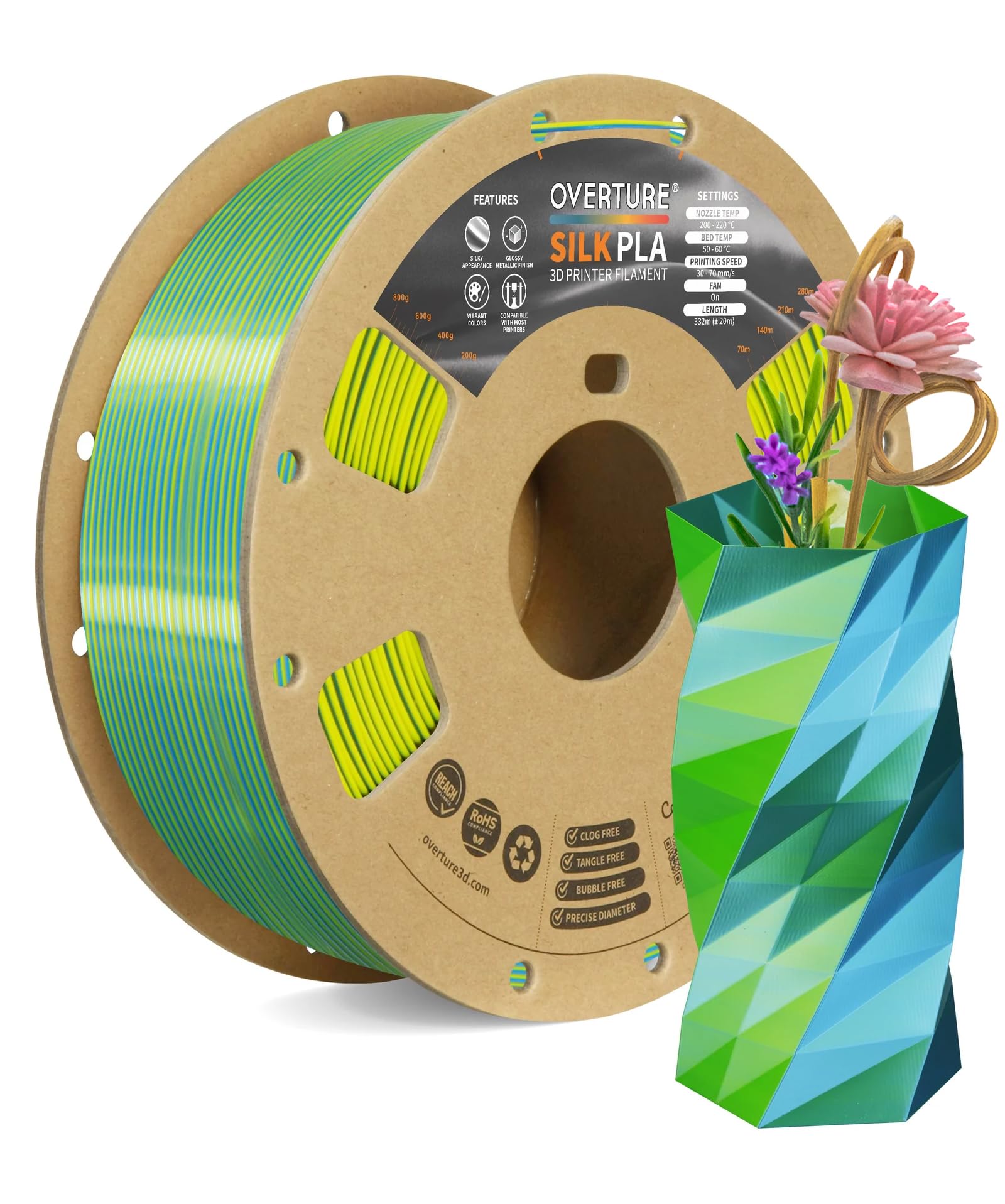 OVERTURE Silk PLA 1.75mm Dual Color Filament, Clog-Free Shiny 3D Printer Filament, 1kg Spool(2.2lbs), Dimensional Accuracy +/- 0.02 mm, Fit Most FDM Printer (Silk Blue-Yellow)