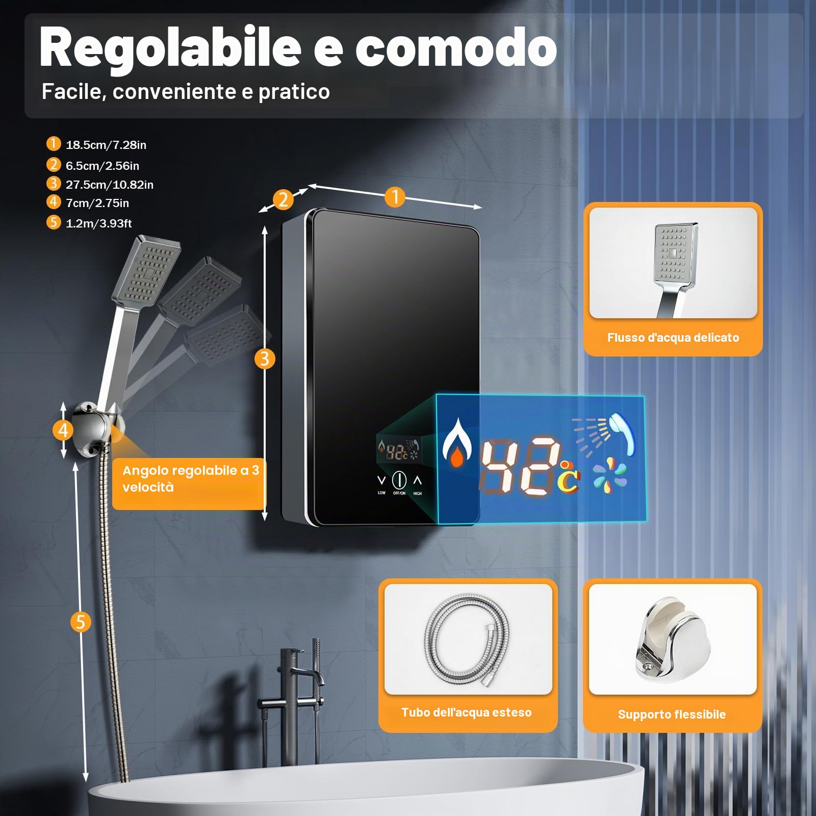 Scaldabagno elettrico digitale acqua calda senza serbatoio Kit doccia 30-55°C, 6500W, display LED, funzionamento touch, protezione interruzioni corrente