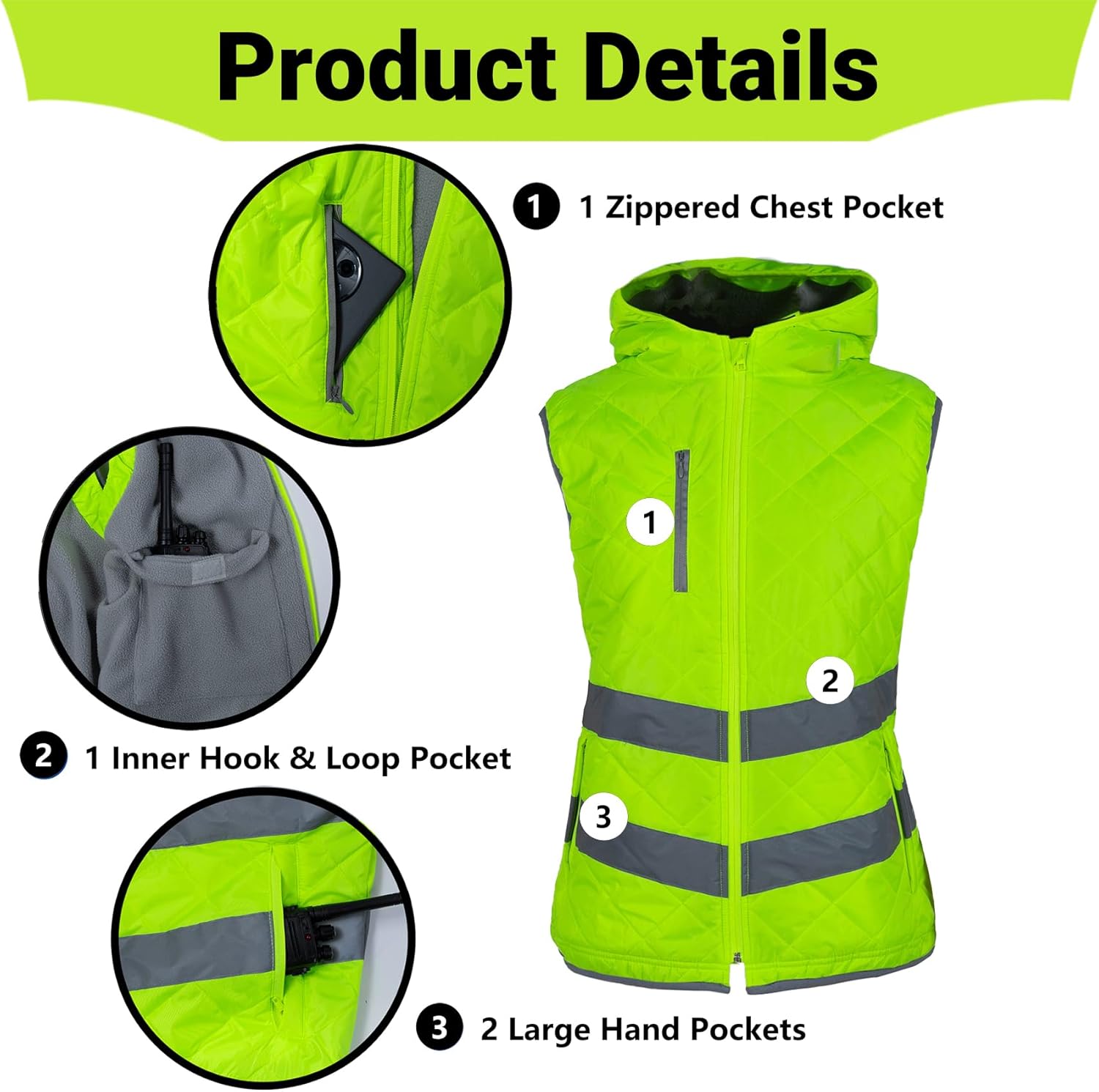 Hi Vis Safety Vest for Women ANSI Class 2 Fleece Zip-Up High Visibility Winter Vest with Pockets - Image 3