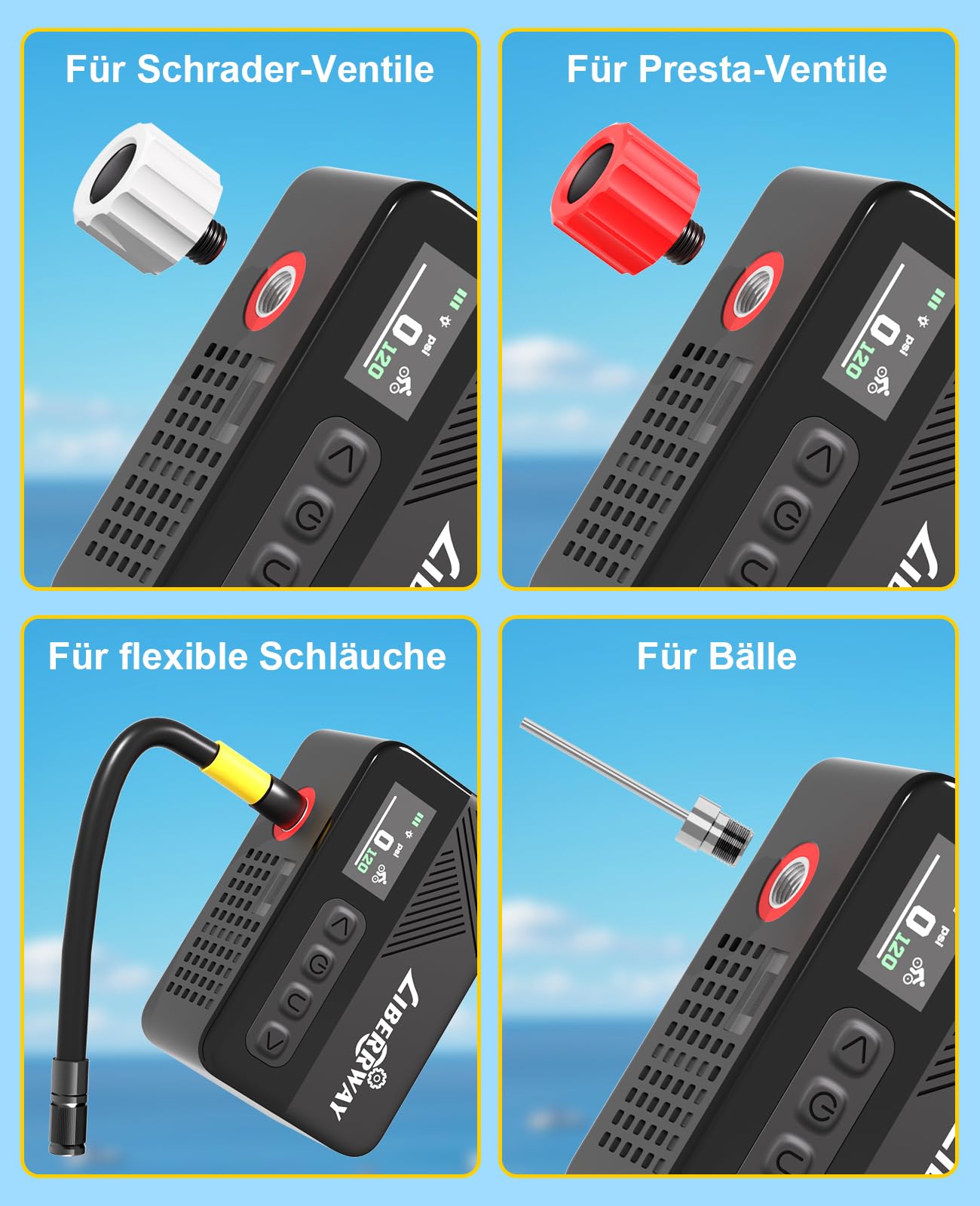LIBERRWAY Mini Fahrradpumpe, Elektrische Fahrradluftpumpe mit Manometer, 120PSI(4 Maßeinheiten), Presta und Schrader-Ventil, Auto-Off & LED Licht, für Rennrad Mountainbike und Stadtrad