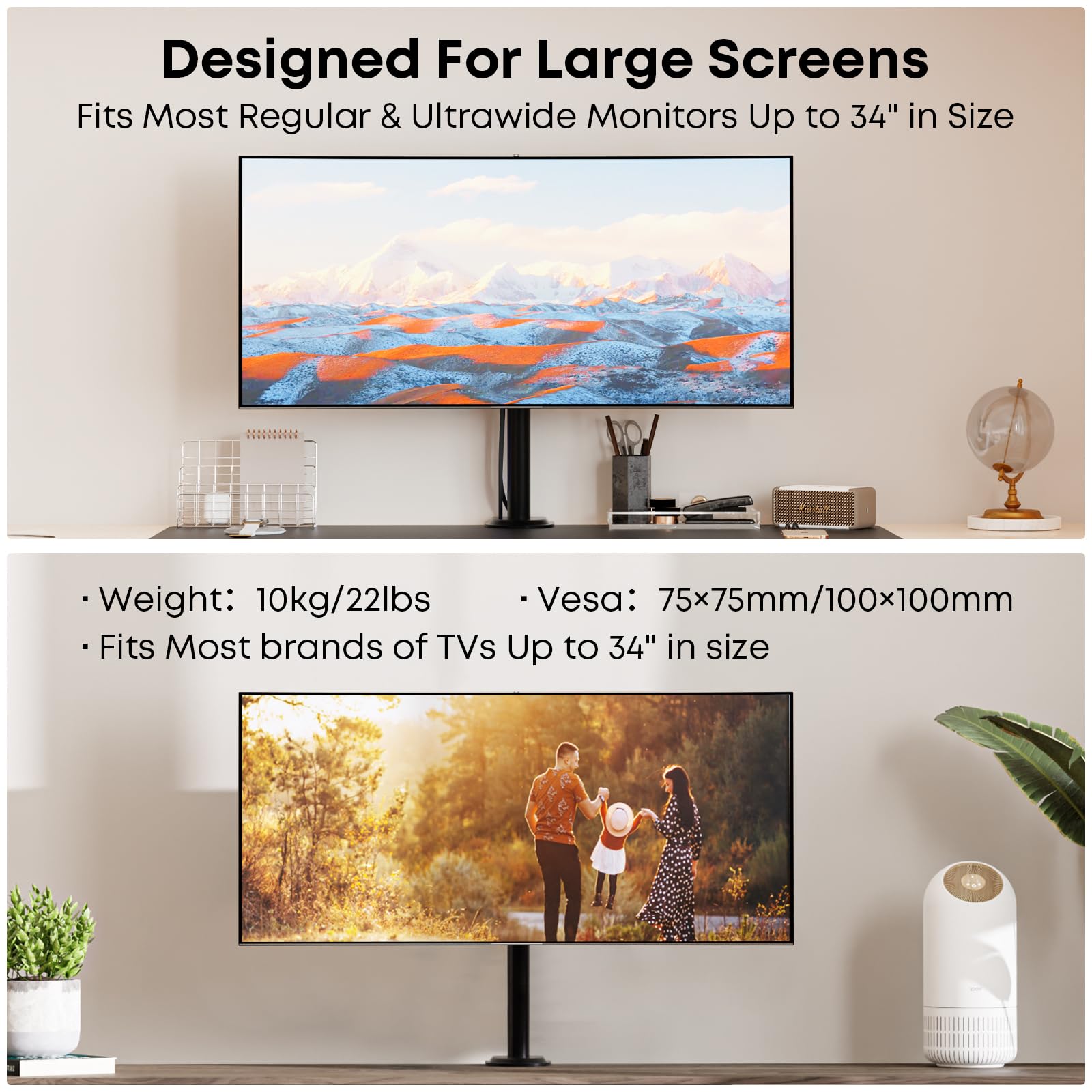 PUTORSEN Ramię monitora z regulacją wysokości do ekranów 13-34 cali, nachylenie i obracanie ramienia, stojak do monitora, 10 kg na ramię, VESA 75 x 75 do 100 x 100 mm