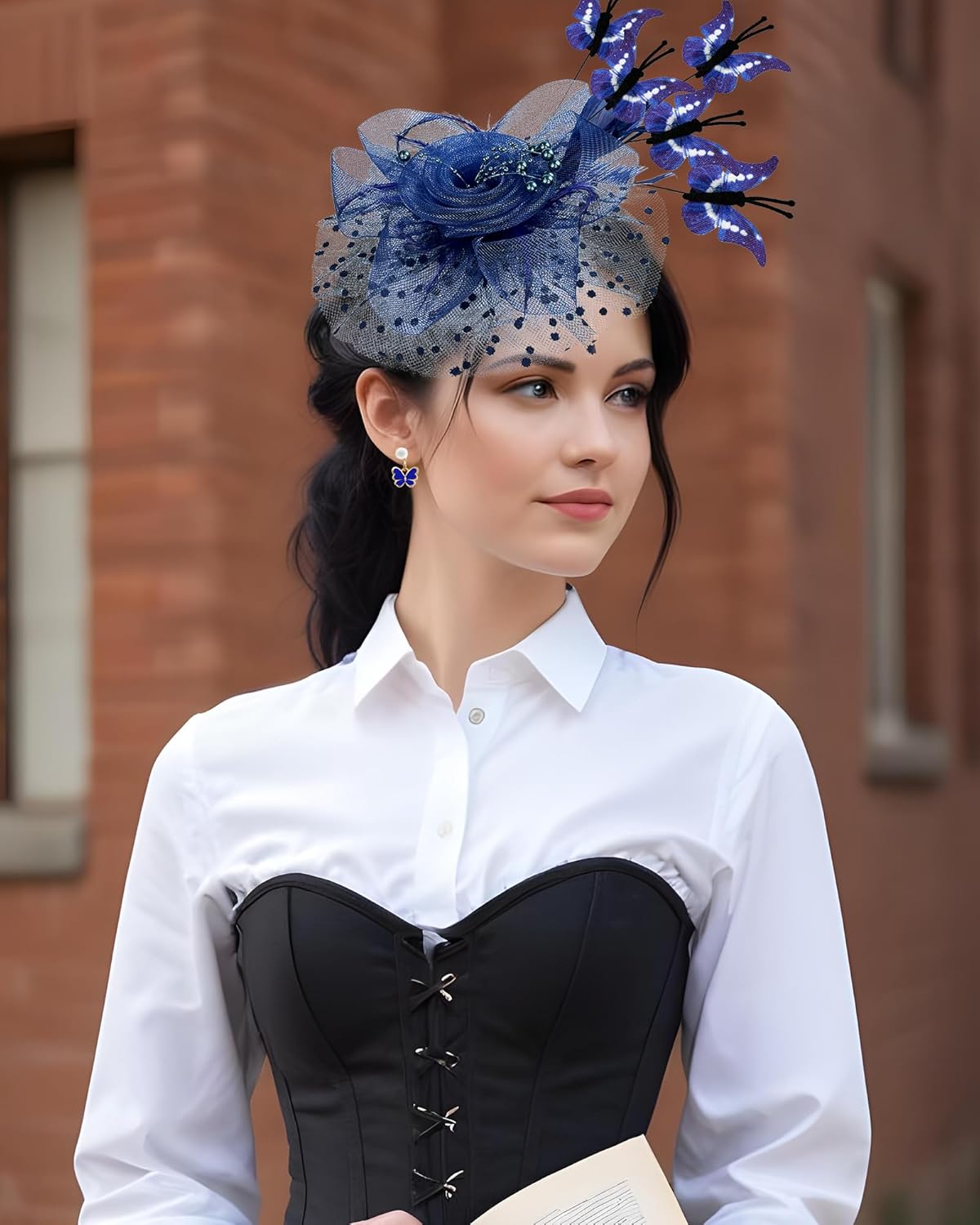 Navy Blue Butterfly Fascinator Hat Set for Women Tea Party Hats Gloves for Women Cocktail Wedding Halloween 1920s - Image 6
