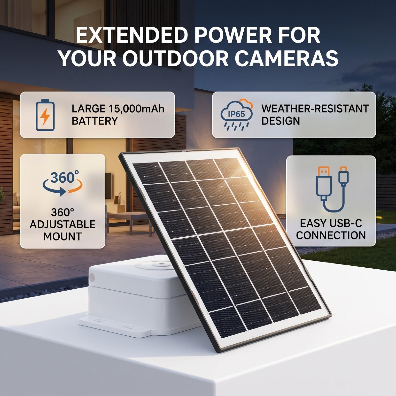 XUMIUZIY Pannello Solare Portatile 4W USB Tipo C per Telecamera di (WHITE) | Materiale ABS, Impermeabile IP65, Batteria Interna da 15000mAh, Supporto Regolabile a 360°, Compatibile con Dispositivi a 5V.