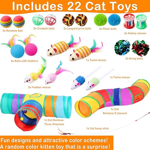 Miniatura 2 de Wettarn Juego de 22 juguetes para gatos, con 2 túneles plegables para gatos de interior y 20 juguetes para gatitos, tubos y túneles, bolas
