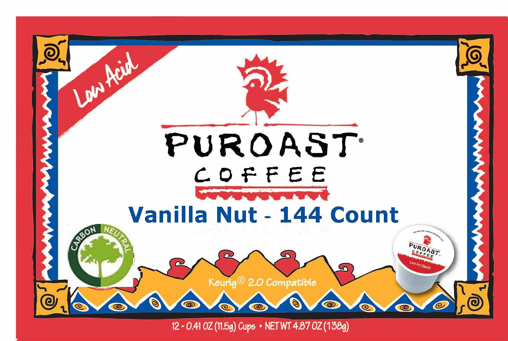 Puroast Low Acid Coffee| Vanilla Nut Single Serve Pods | Medium Roast | High Antioxidants & High pH |No Bitter Aftertaste | Reduced Heartburn & GERD Friendly | 144 Count - Compatible with Keurig Brewer