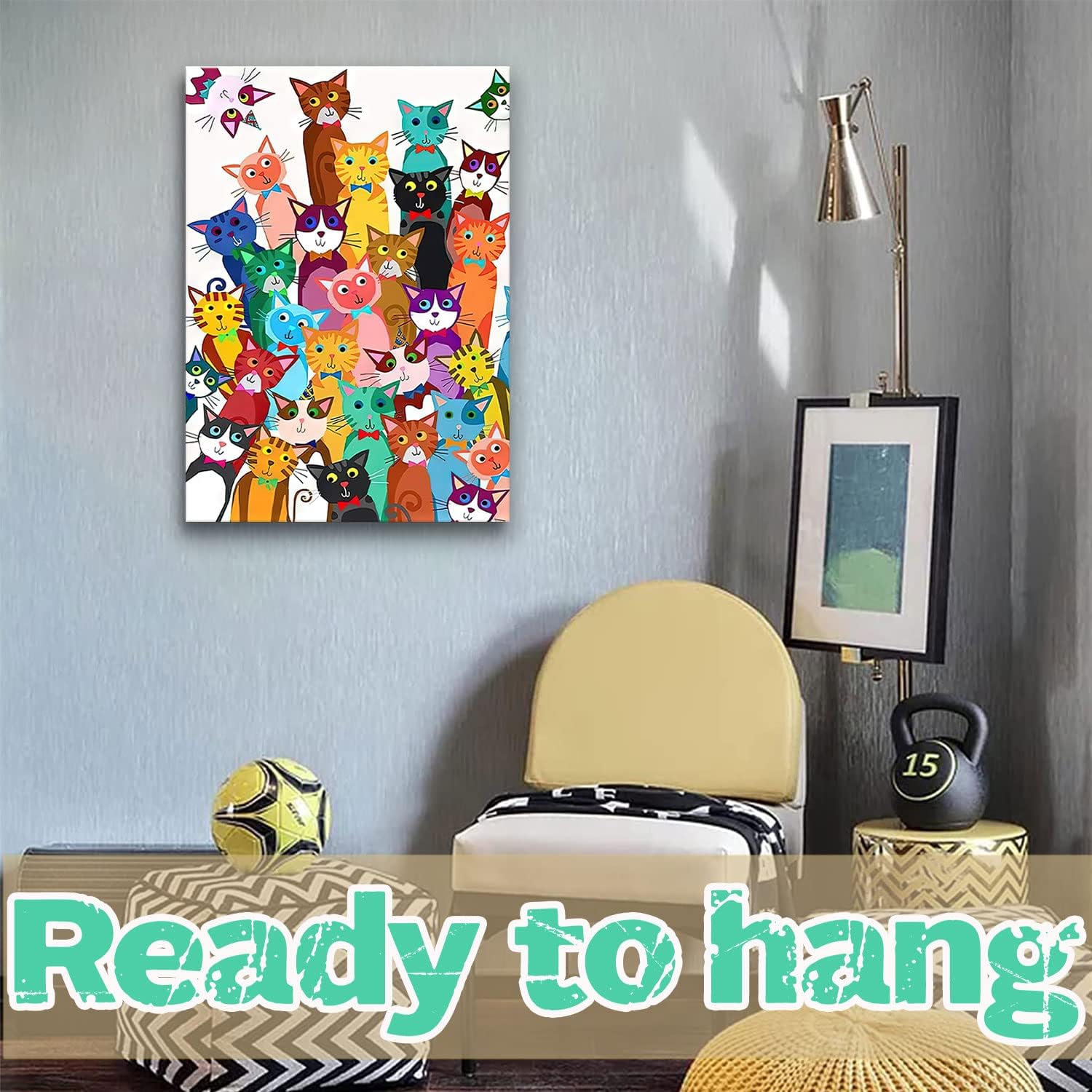 Framed Funny Colorful Cat Wall Art Cartoon Cat Canvas Print Cute Kitten Picture Poster Animals Painting Wall Decor for Bathroom Kid's Bedroom Nursery 16x24Inches