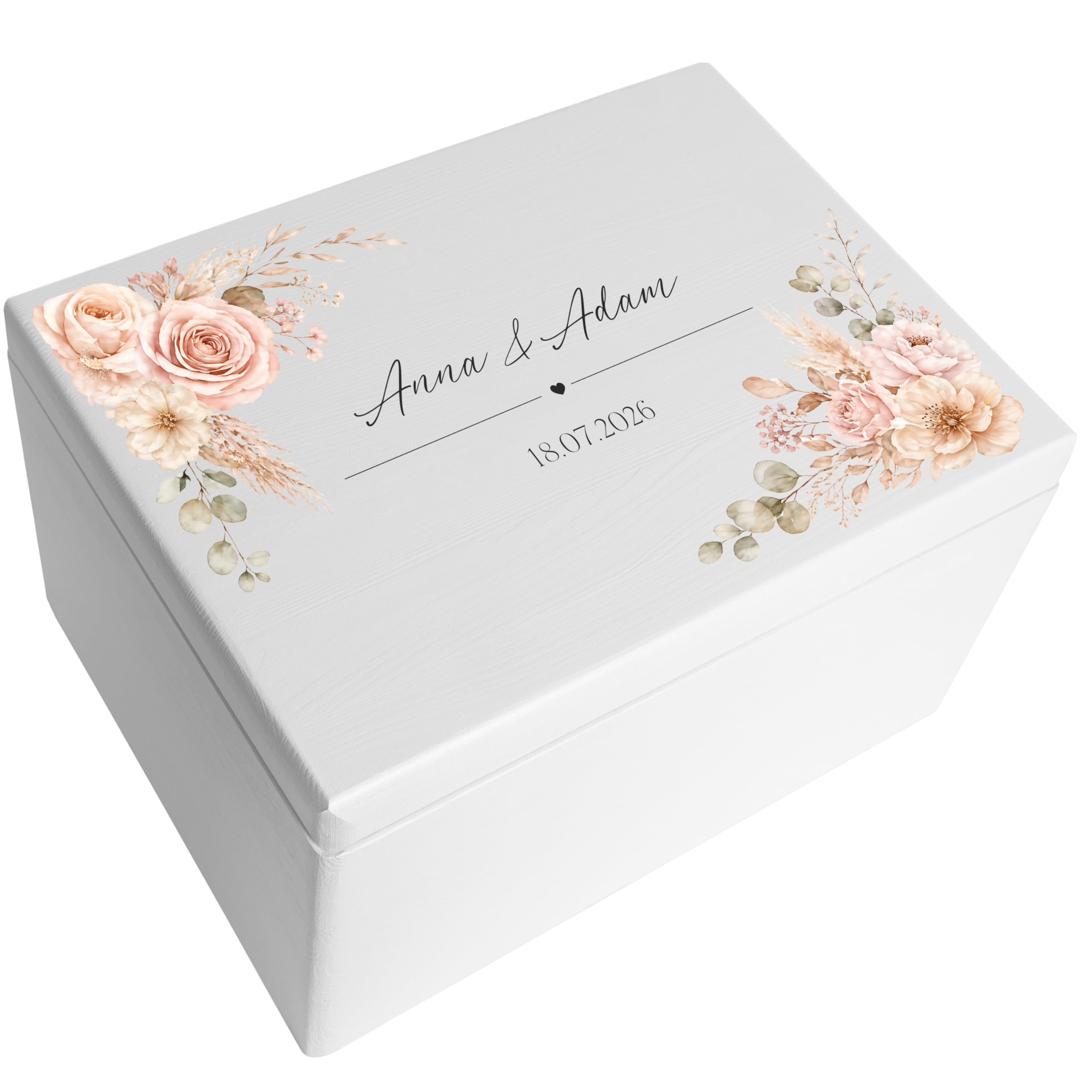 Creative DECO Personalizada Caja de Regalos Originales para los Novios Boda | Regalo Blanca | Caja Madera de Recuerdos Especiales | Parejas Aniversario Matrimonio | Motivo Flores Nombres Fecha