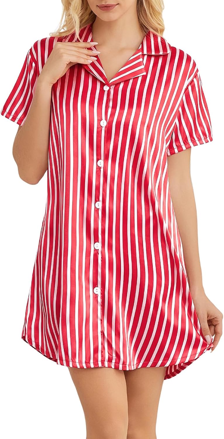 Soft Satin Boyfriend Long Nightshirt for Women - Button Down Silky Nightgown with Timeless Stripes