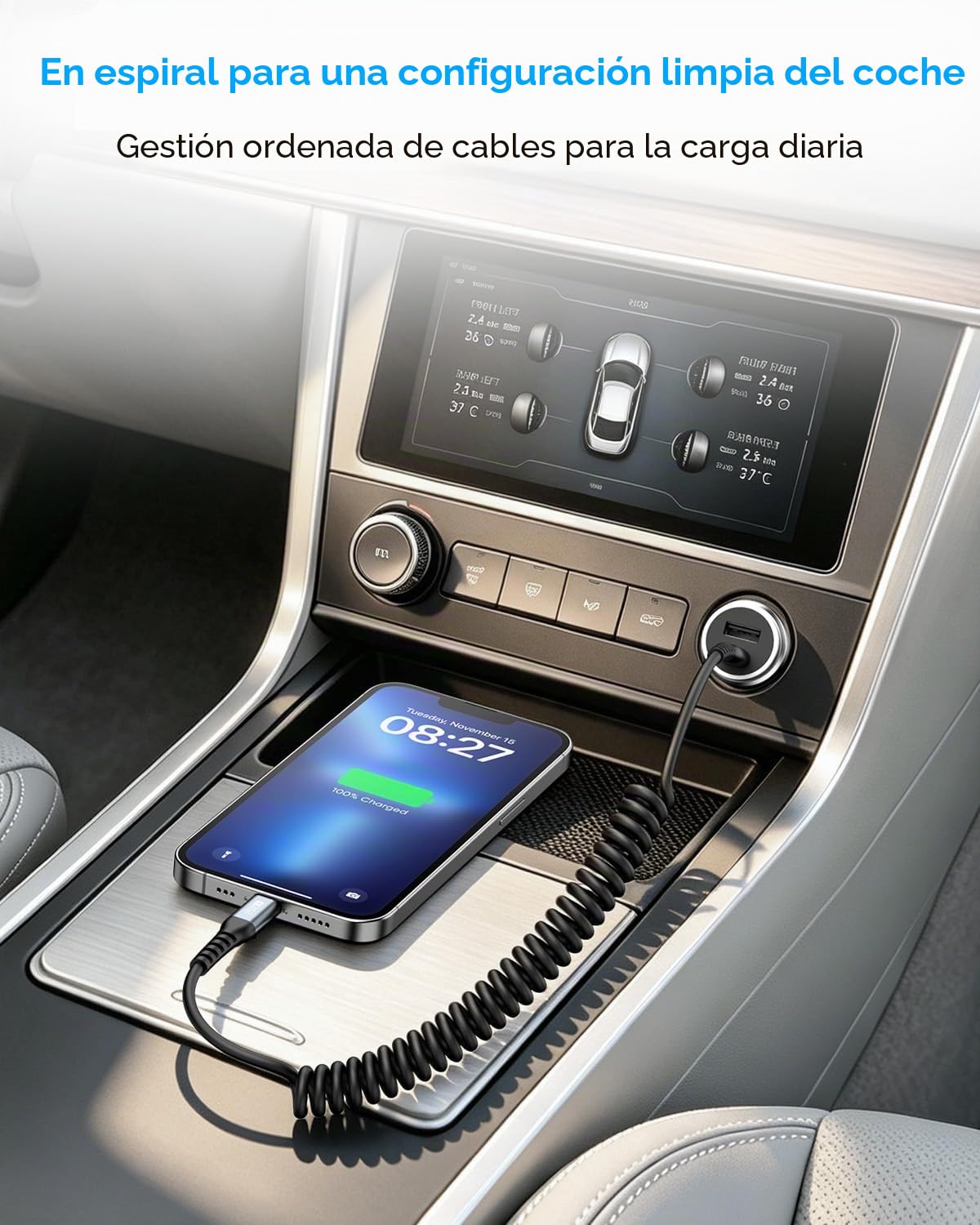 SUNGUY Cable USB-C a Lightning en espiral, cable iPhone para coche CarPlay, compatible con iPhone 14/13/12/11, 2 unidad, 1,5 m (extensible de 0,4 m a 1,0 m), Gris