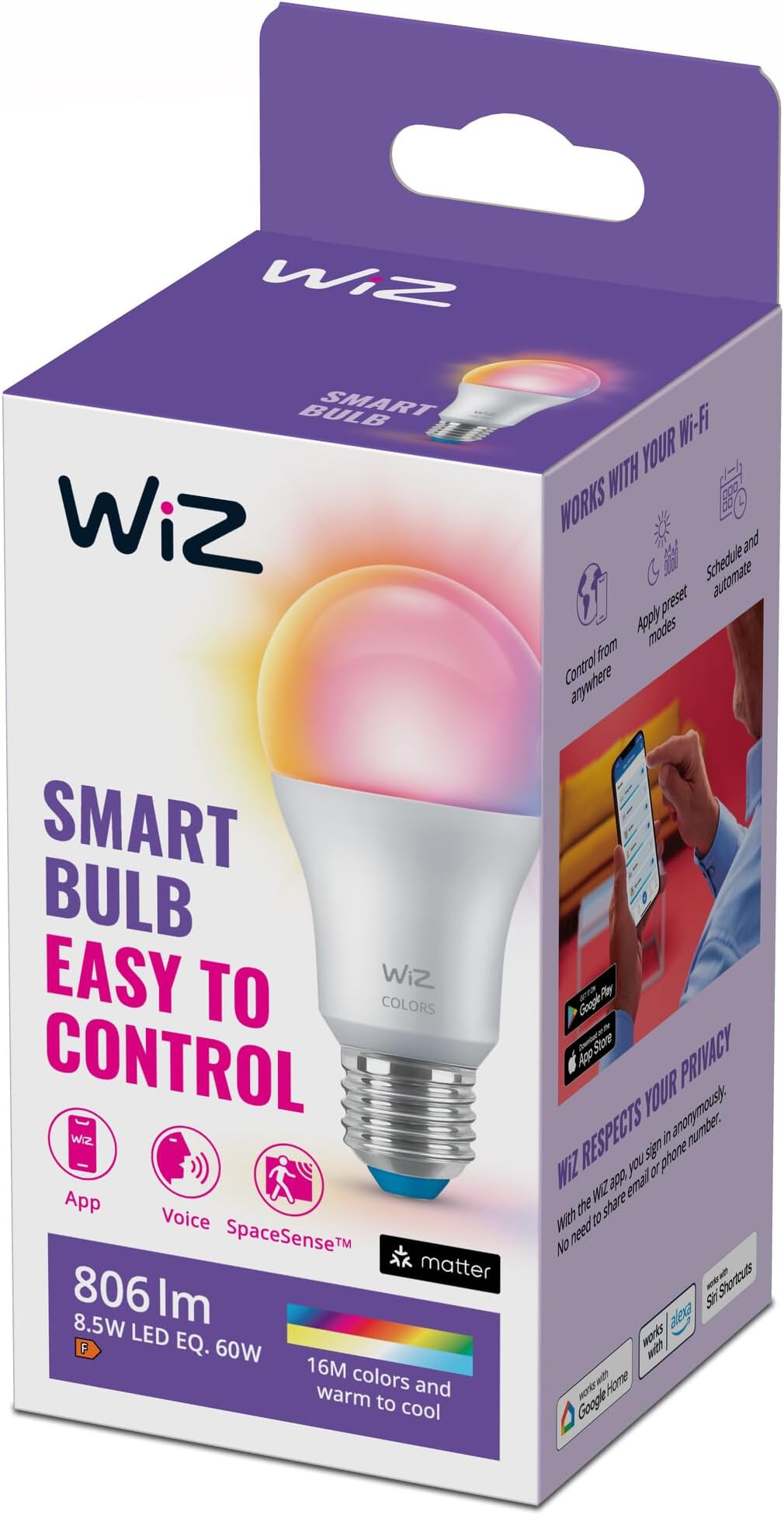 Colours & Tunable Whites A60 E27 60W Equivalent - Wifi + Bluetooth Smart Led Bulb - (Compatible With Amazon Alexa And Google Assistant)