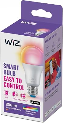 WiZ Smart LED A60 Bulb, White and Full Color, E27 Base, 60W, 806 Lumens, Dimmable, Works with Alexa, Google Assistant, and Apple HomeKit, Pack of 1