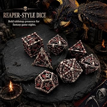 DND Dice Metal Game Dice Dungeons and Dragons Dice Set HNCCESG Hollow Grim Reaper D&D Dice Polyhedral Dice Set for Pathfinder MTG RPG DND Dice Set W20 W12 W10 W8 W6 W4 (Death Blood)