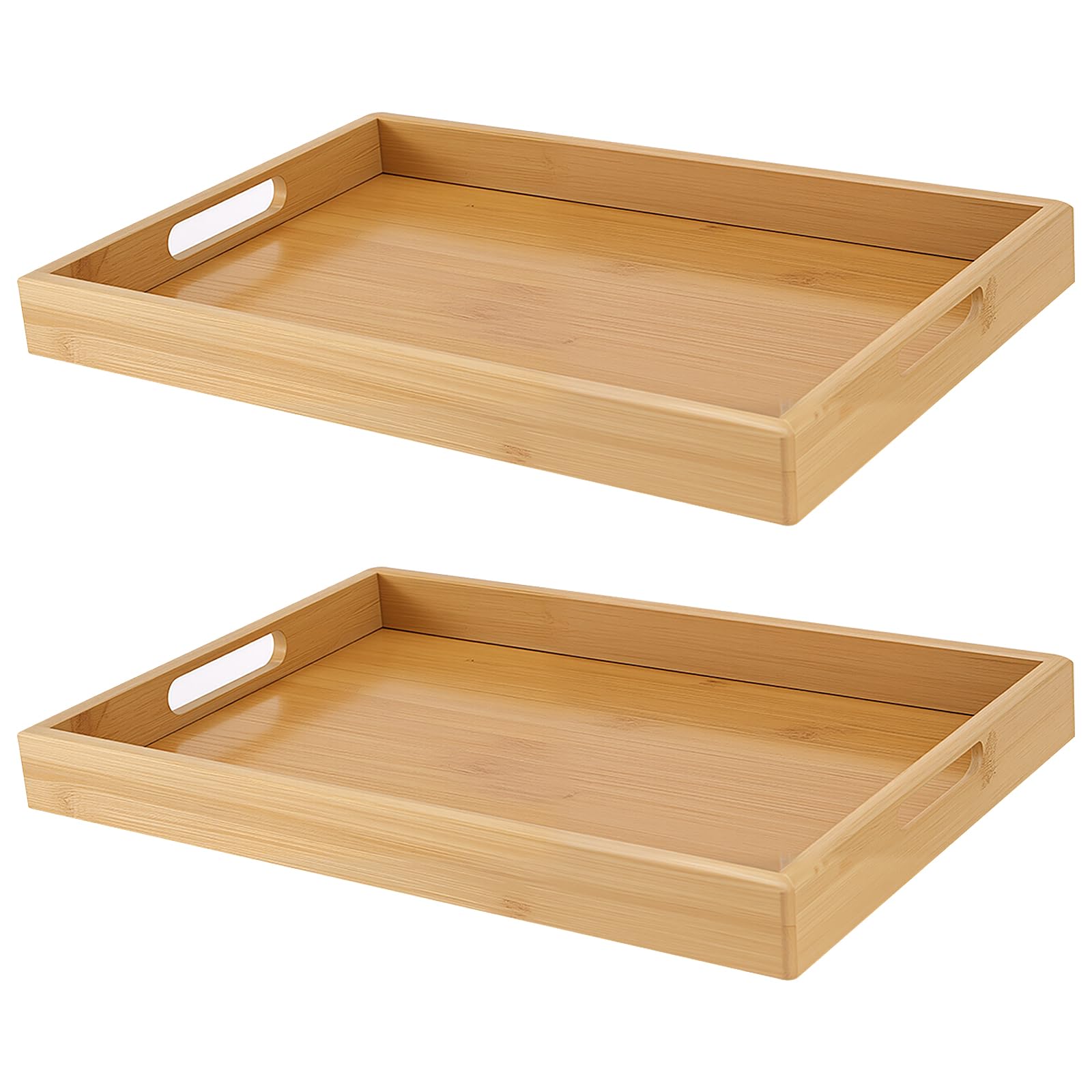 PINGEUI 2 Pack Bamboo Serving Tray, Wooden Tea Trays with Handles, Rectangle Bamboo Food Platters for Food Serving, Tea, Coffee, Snack, 38x25cm