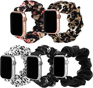 Simpeak 5Pack Elastic Fabric Scrunchie Band Compatible with Apple Watch 45mm 44mm 42mm, Women Girl Strap Replacement for iWatch Series 8 7 6 SE 5 4 3, Small, Black/Leopard/Cow/Red Flower/Floral